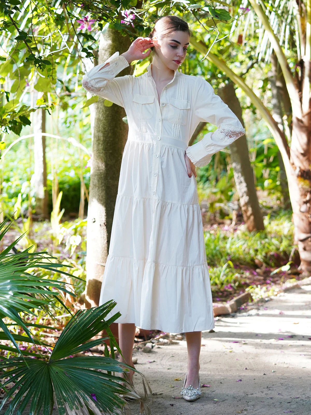 Odette Women Off White Brushed Cotton Solid Long Shirt Dress