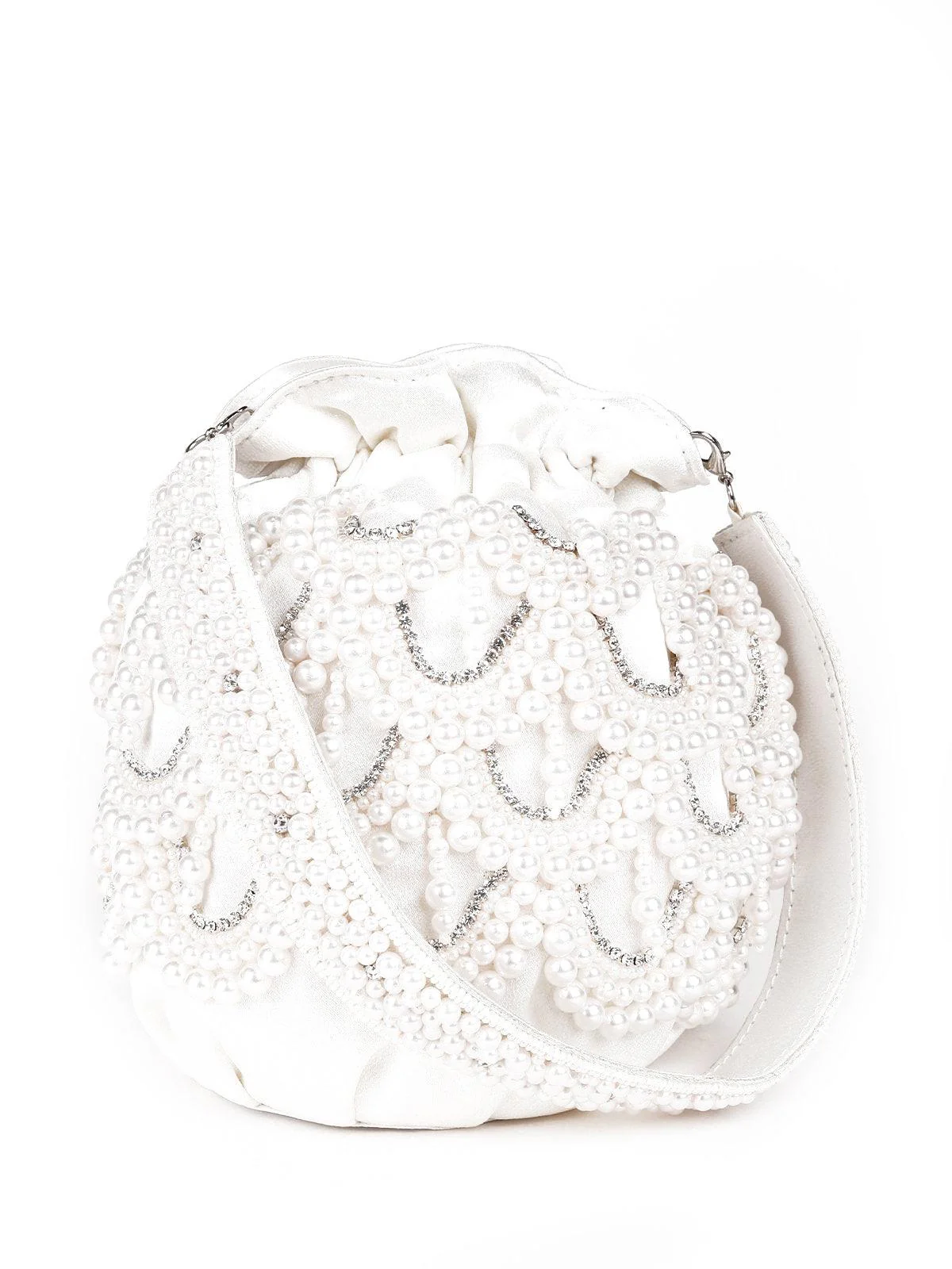 Odette Women White Classy Pearly Oyster Potli Bag - Image 4