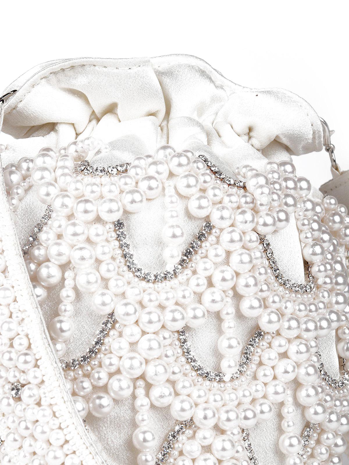 Odette Women White Classy Pearly Oyster Potli Bag - Image 5