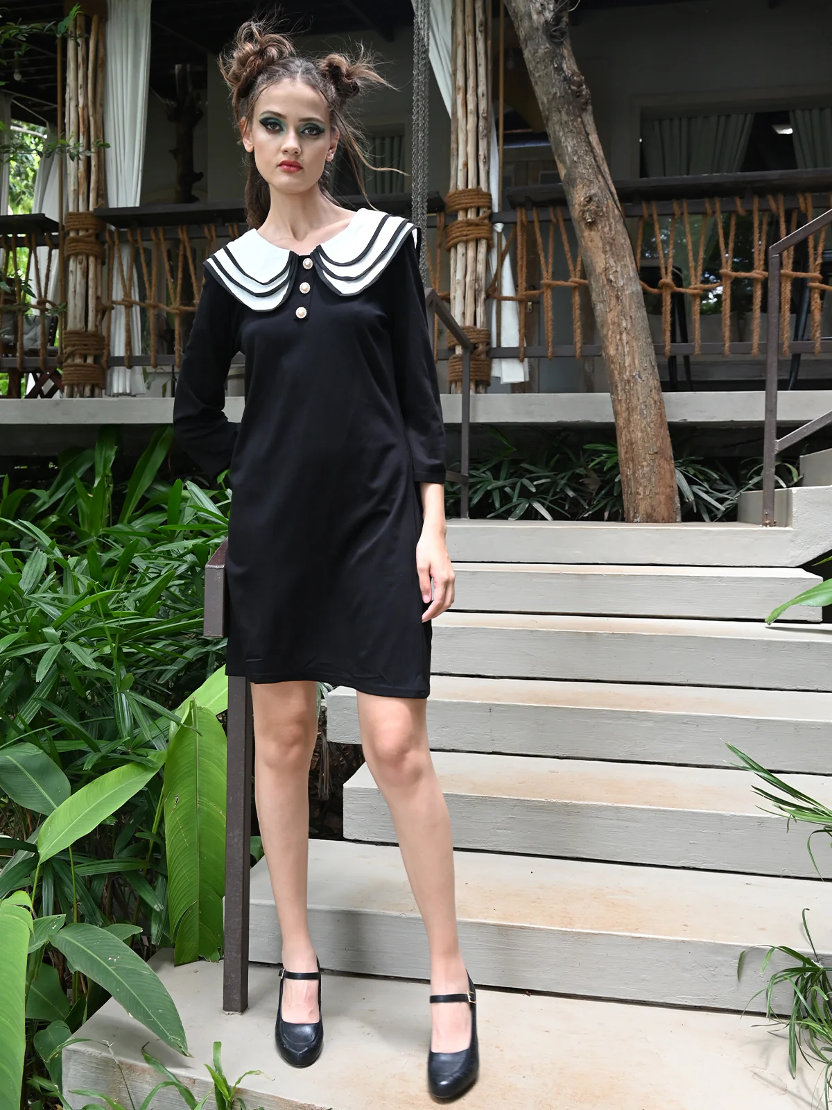Odette Women White Collared Black Cotton Lycra Solid Dress