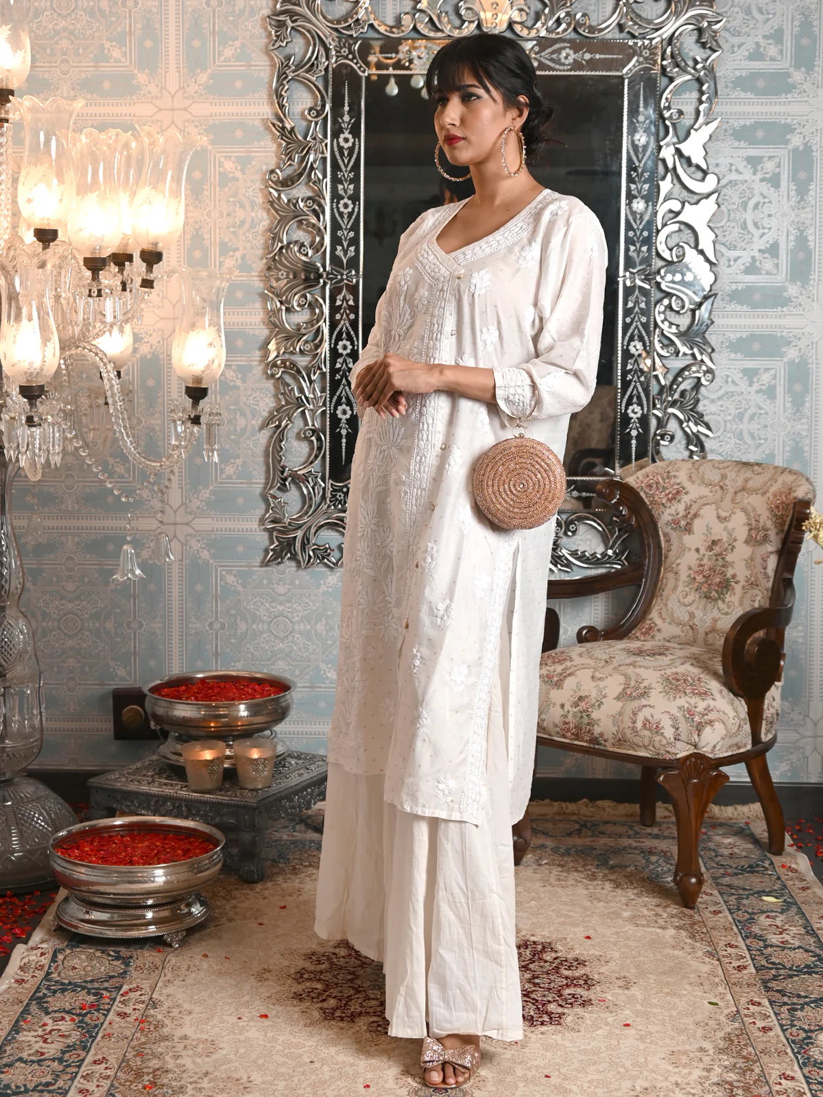 Odette Women White Mulmul Gold Woven Chikankari Embroidered Stitched Kurta - Image 3