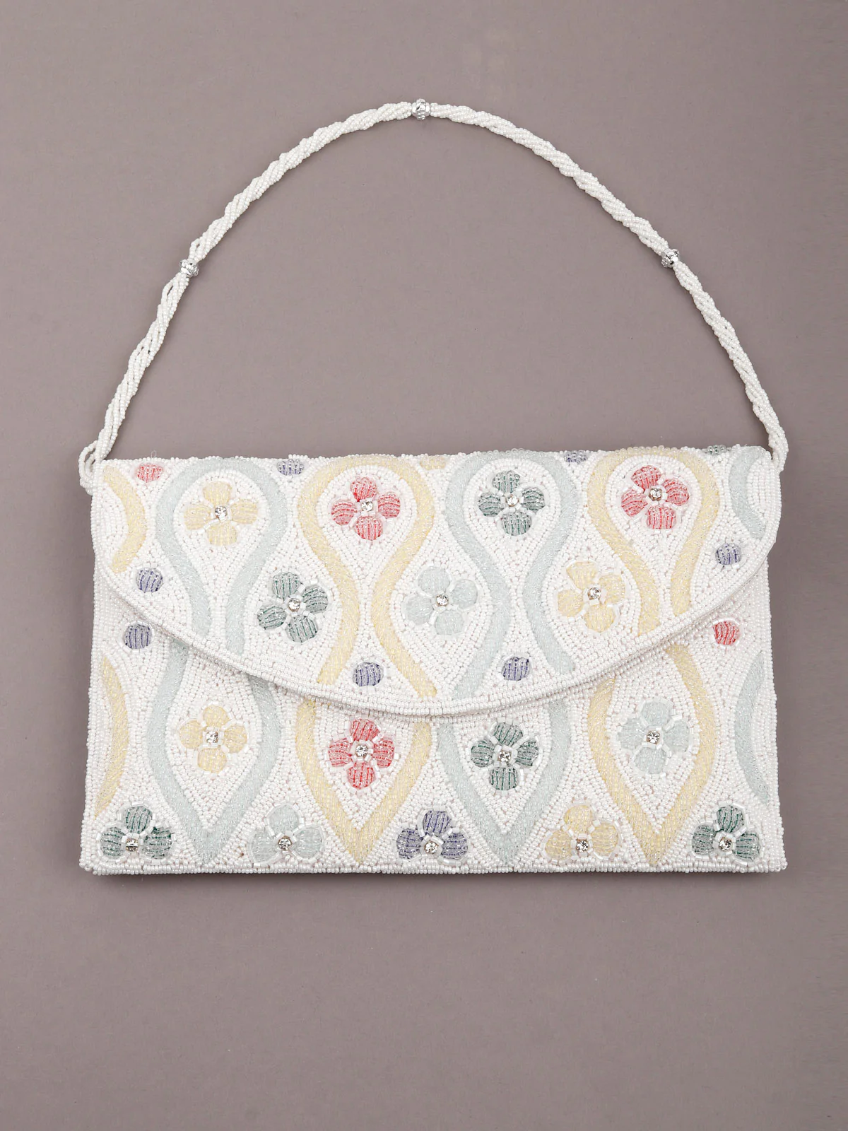 Odette Women White Cutdana Embroidered Clutch Bag - Image 3