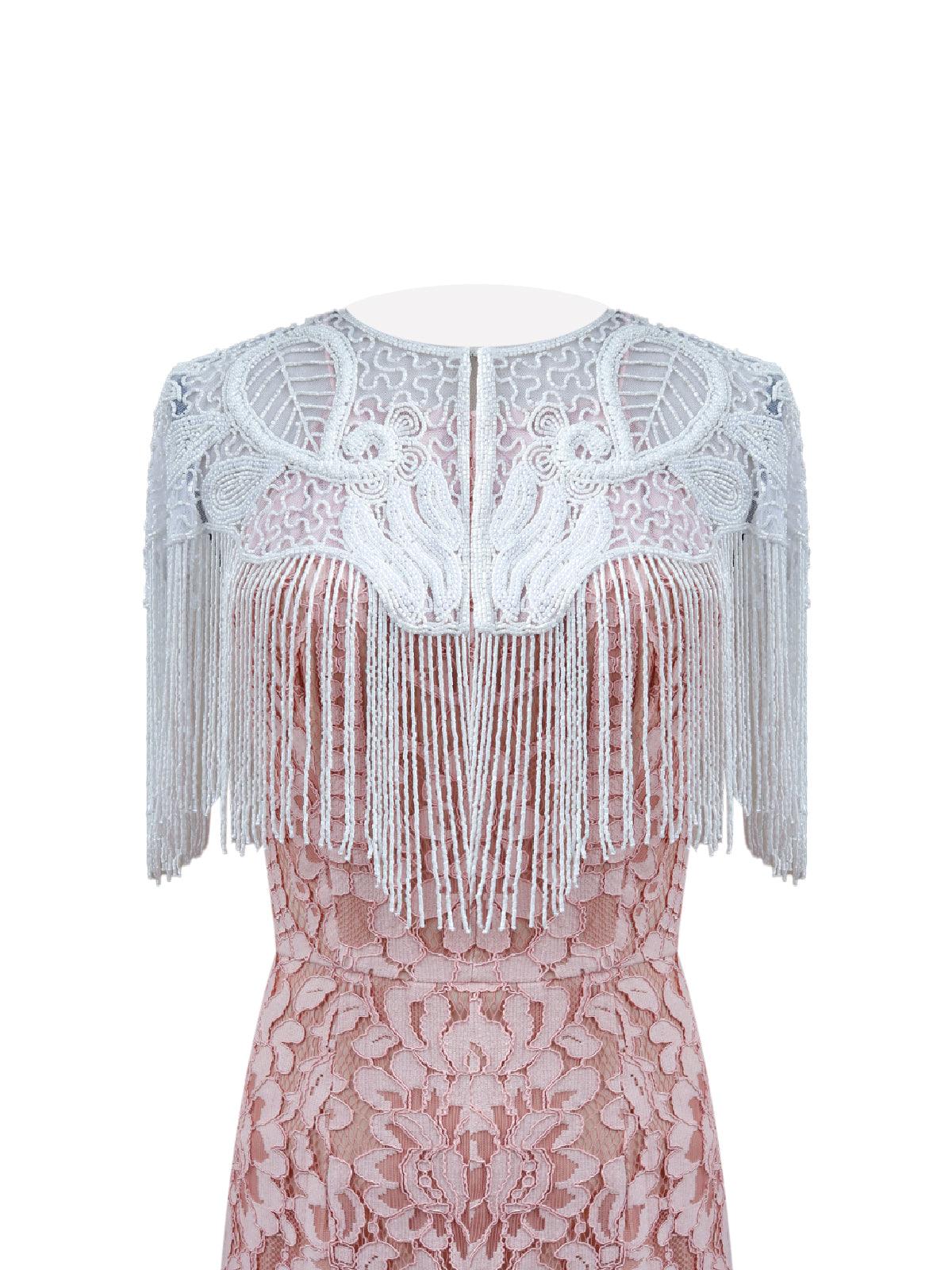Odette Women White Beaded Net Cape - Image 4