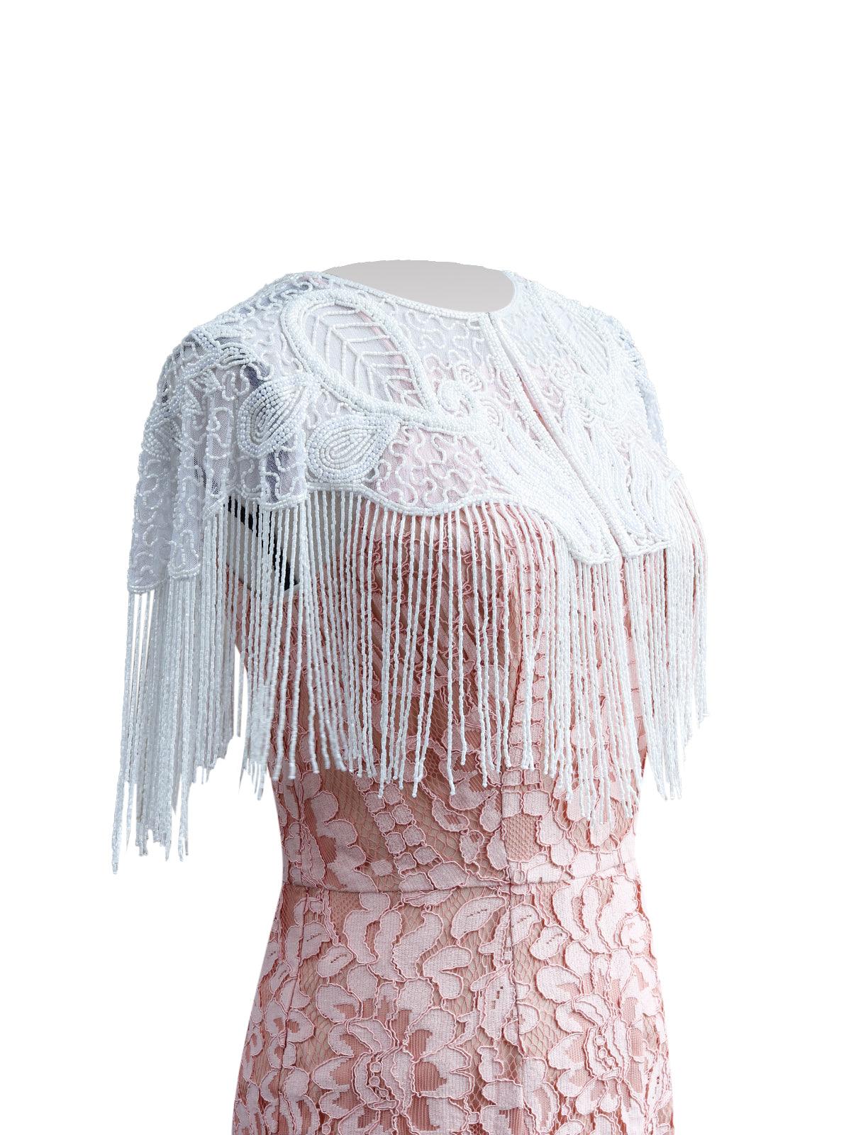 Odette Women White Beaded Net Cape - Image 5