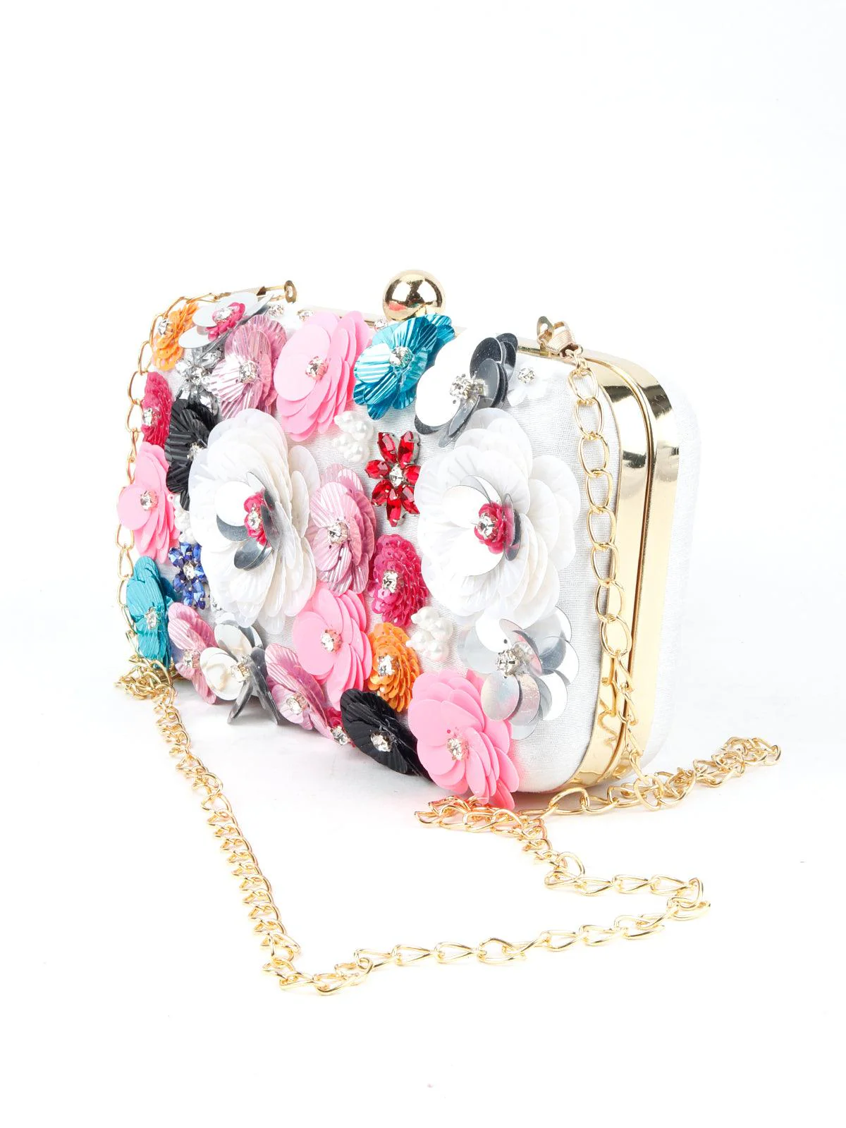 Odette Women White Floral Embellished Sequin Multicolour Clutch - Image 5