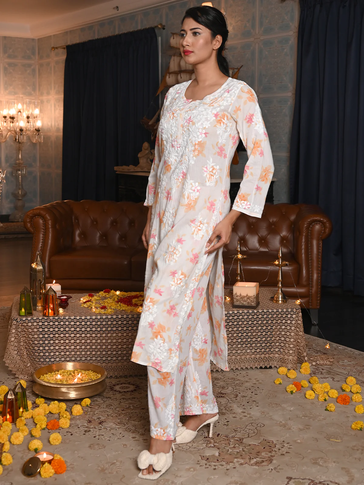 Odette Women White Floral Printed Cotton Voile Chikankari Embroidered Stitched Kurta With Palazzo - Image 2
