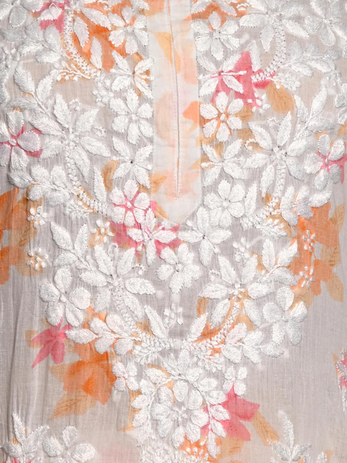 Odette Women White Floral Printed Cotton Voile Chikankari Embroidered Stitched Kurta With Palazzo - Image 5