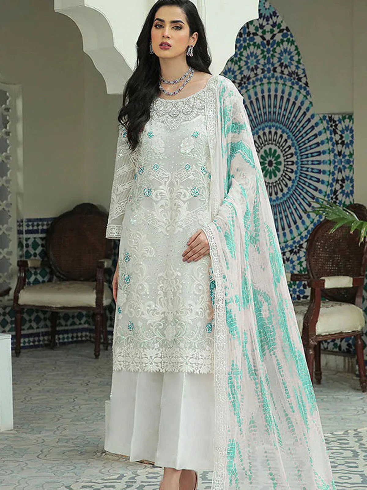Odette Women White Floral Sequence Embroidered Work Georgette Semi Stitched Suit