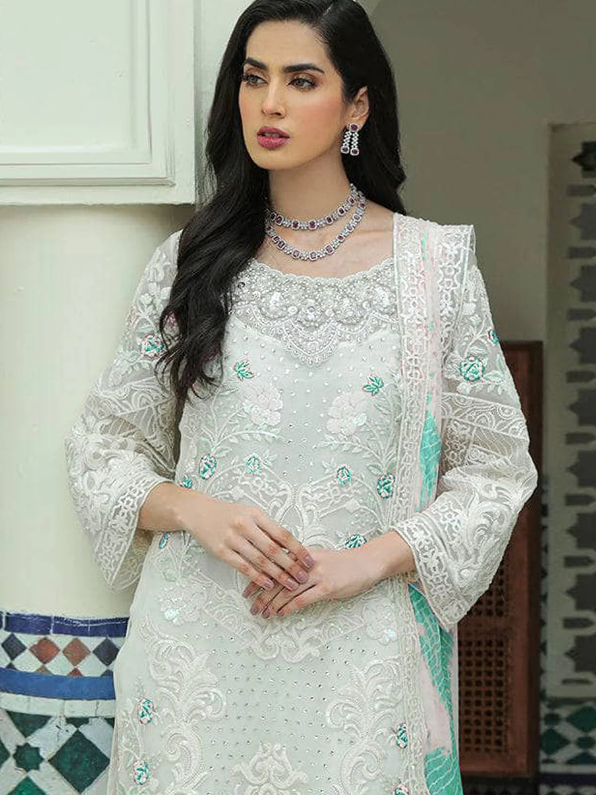 Odette Women White Floral Sequence Embroidered Work Georgette Semi Stitched Suit - Image 2
