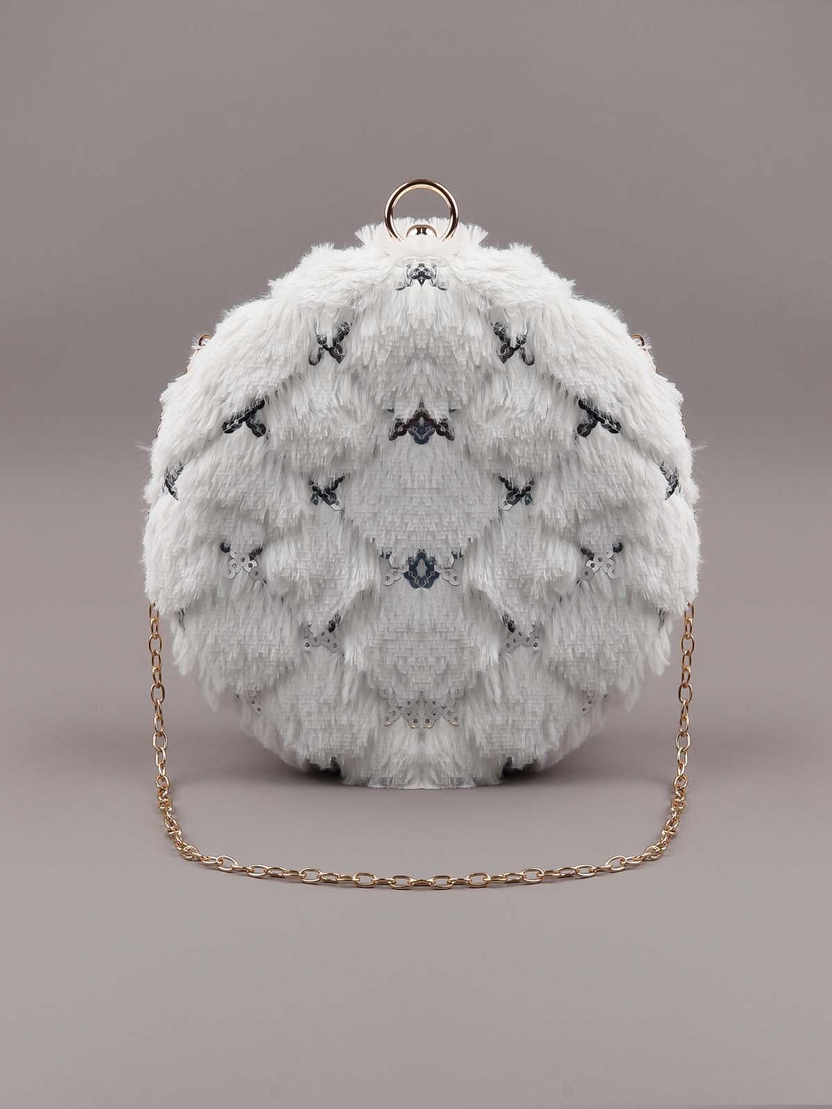 Odette White Fluffy Rounded Sling Bag For Women - Image 3