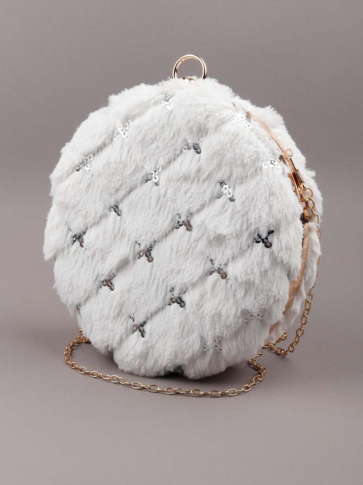 Odette White Fluffy Rounded Sling Bag For Women - Image 4