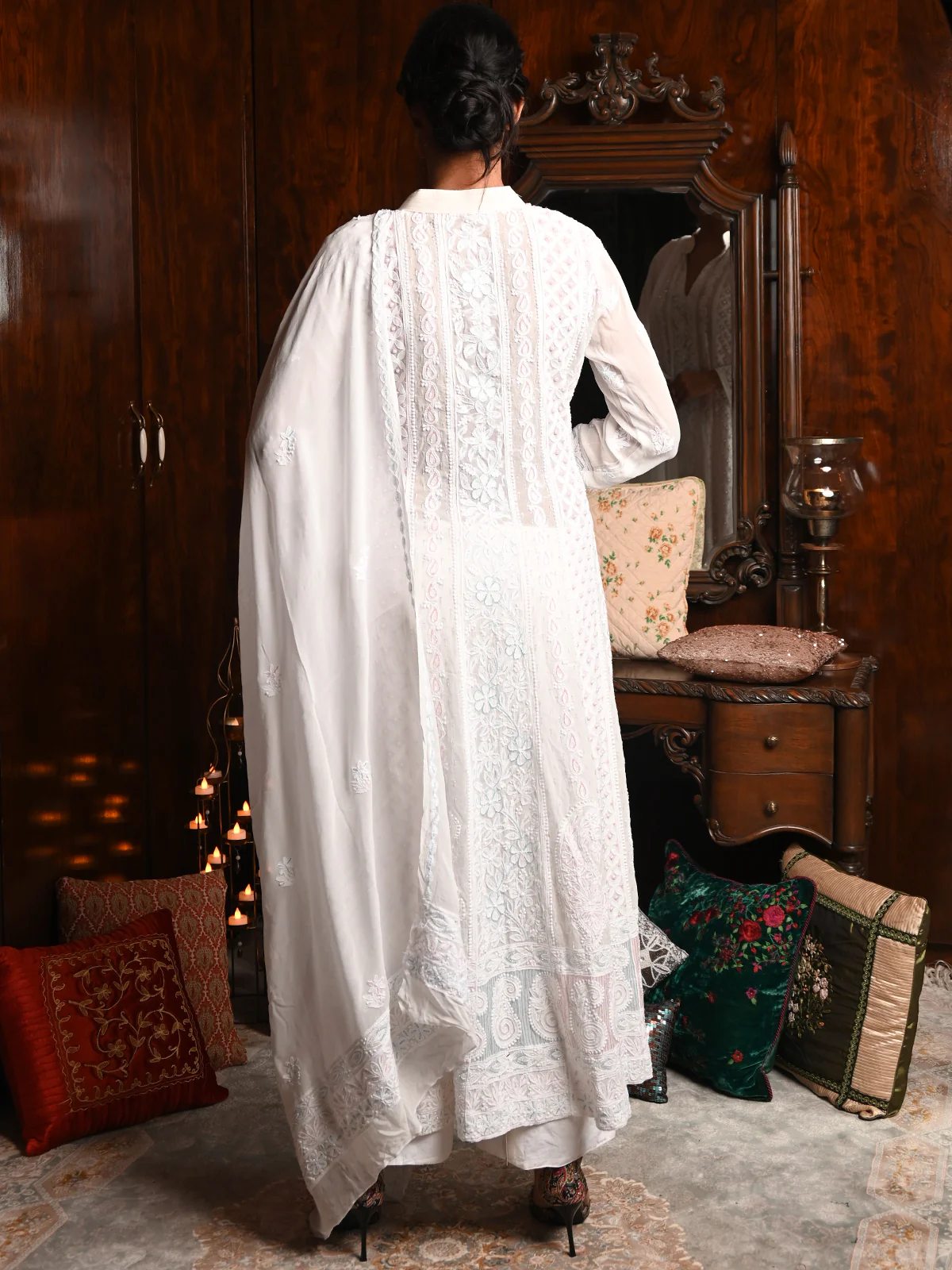 Odette Women White Georgette Chikankari Beads Embroidered Stitched Kurta with Dupatta - Image 3