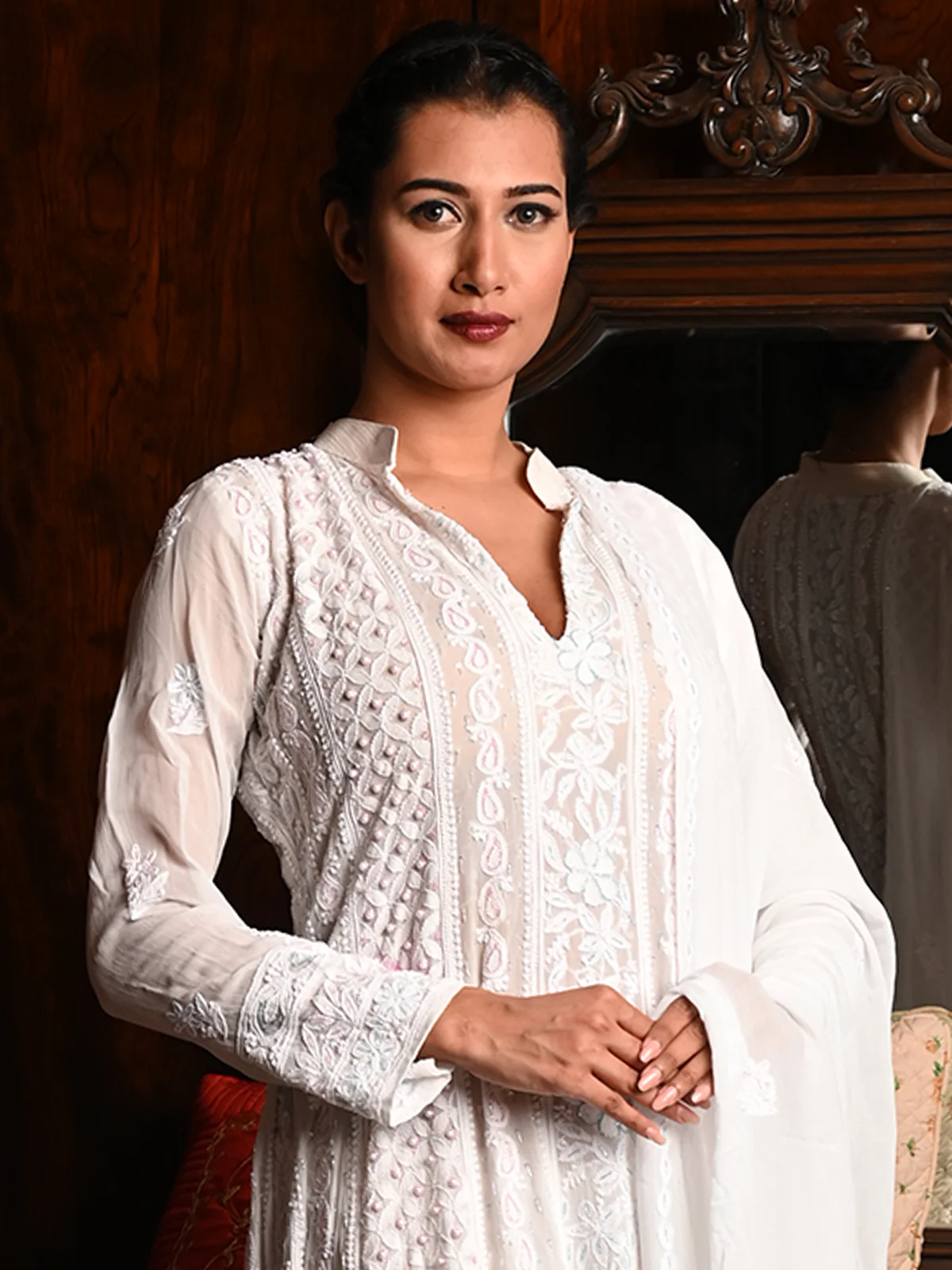Odette Women White Georgette Chikankari Beads Embroidered Stitched Kurta with Dupatta - Image 4