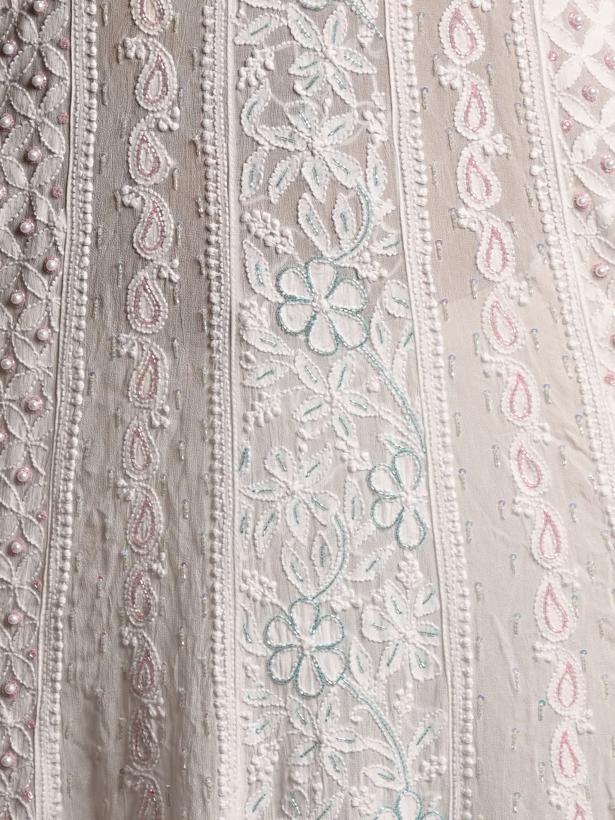 Odette Women White Georgette Chikankari Beads Embroidered Stitched Kurta with Dupatta - Image 5