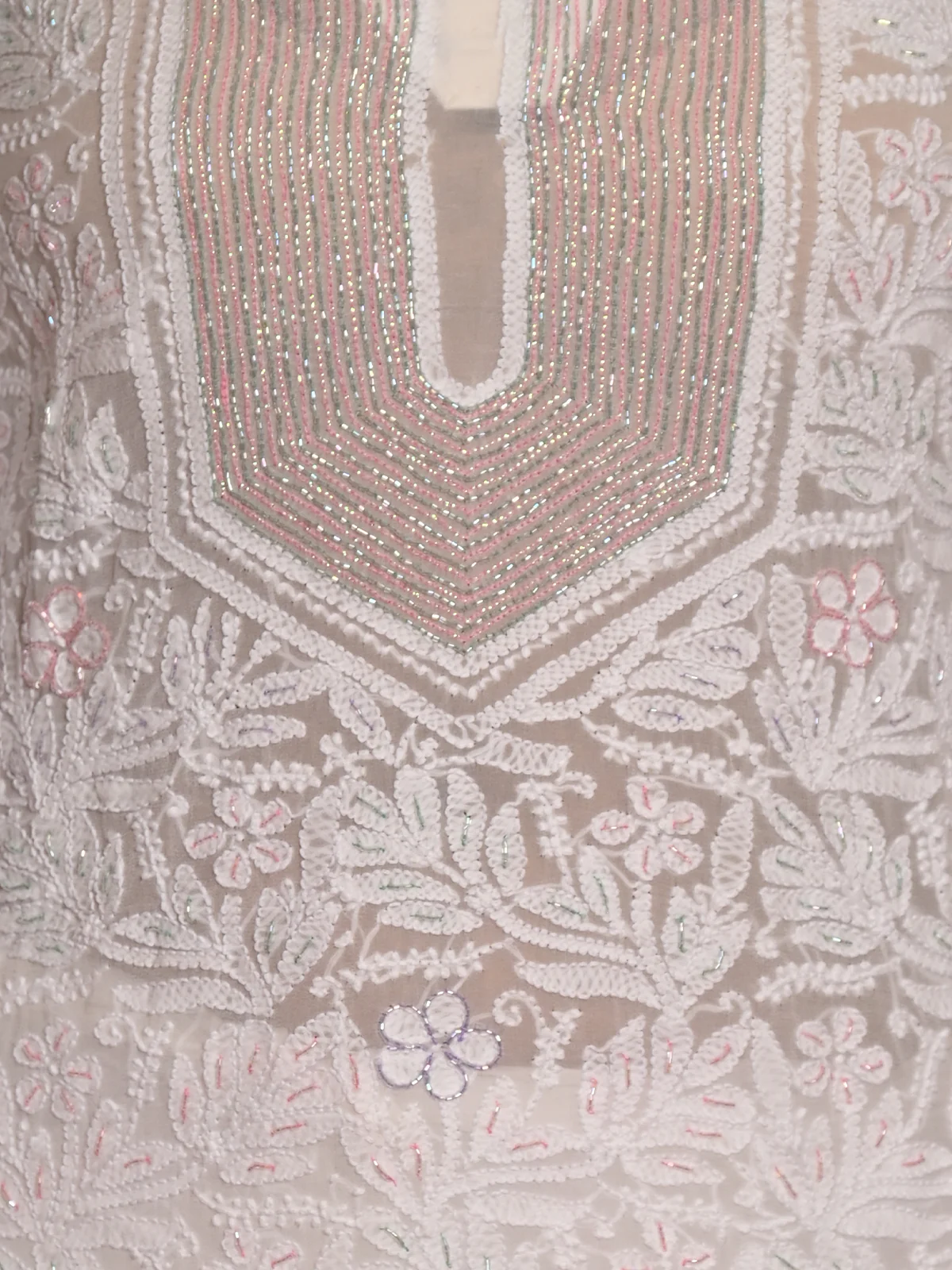 Odette Women White Georgette Chikankari Beads Embroidered Unstitched Kurta Set - Image 5