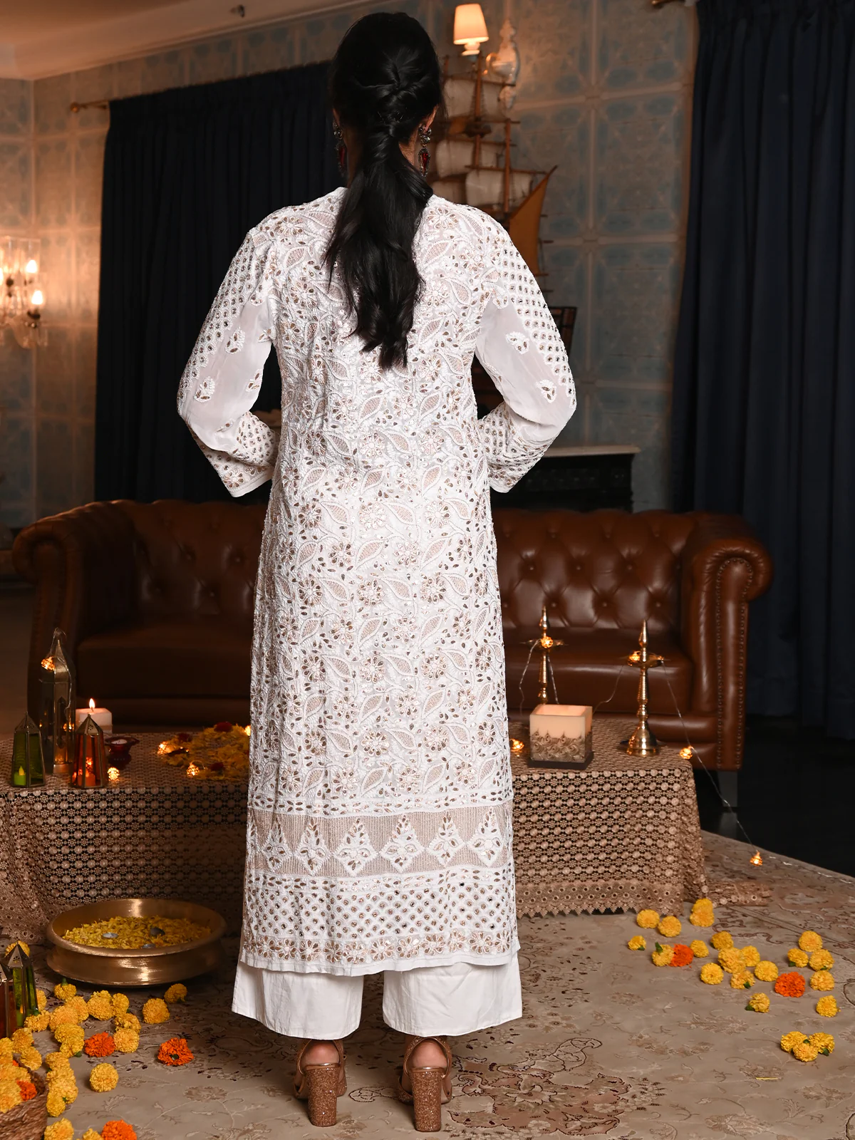 Odette Women White Georgette Chikankari Gotapatti & Mirror Work Embroidered Stitched Kurta - Image 3