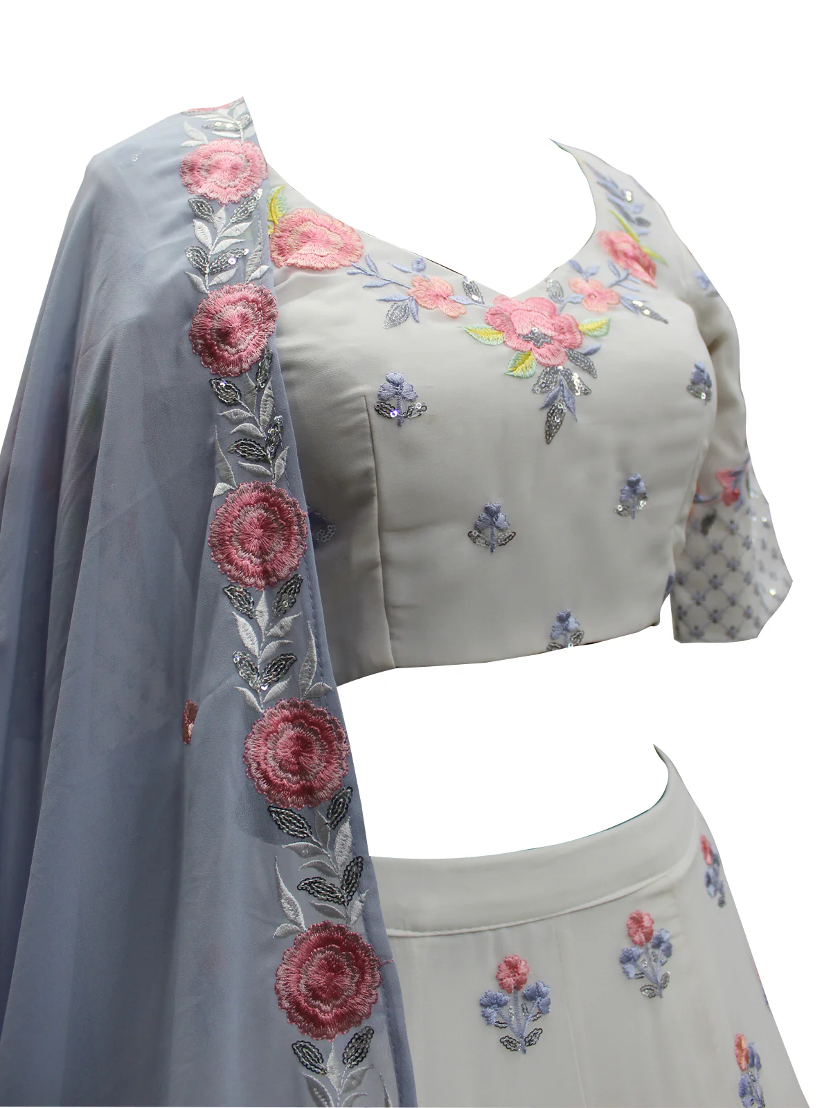 Odette Women White Georgette Embroidered Semi Stitched Lehenga With  Unstitched Blouse - Image 2