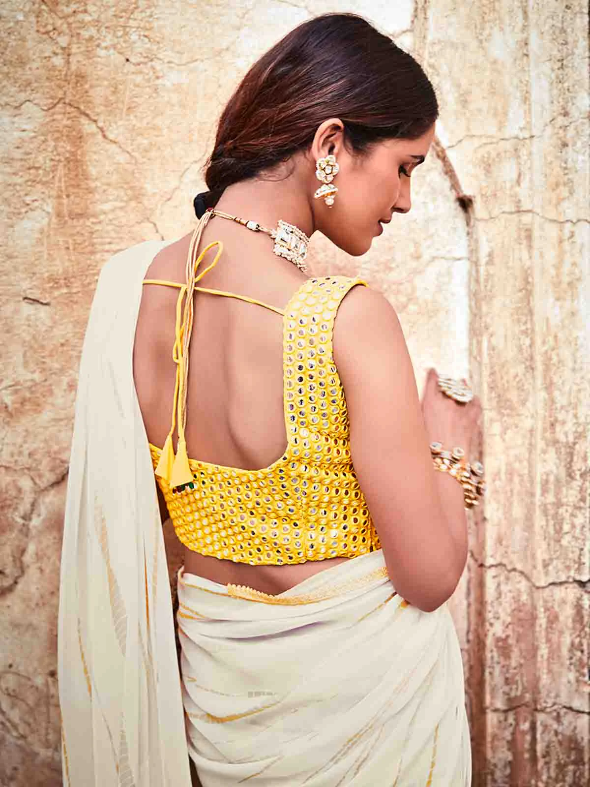 Odette Women White Georgette Embroidered Saree With Unstitched Blouse - Image 3