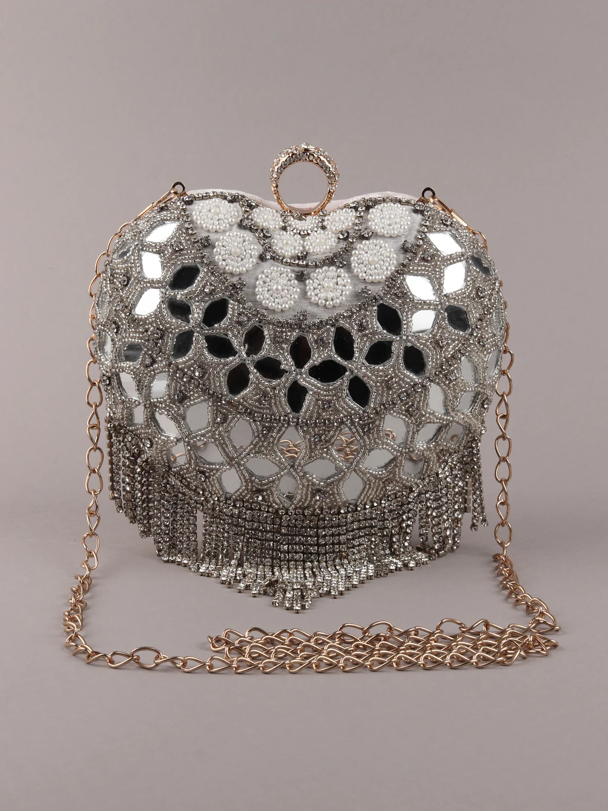 Odette Women White Heart-Shaped Embellished Clutch - Image 3