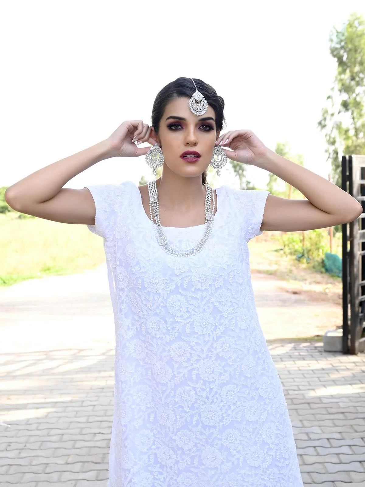 Odette Women White Long Necklace With Maangtikka Set - Image 2