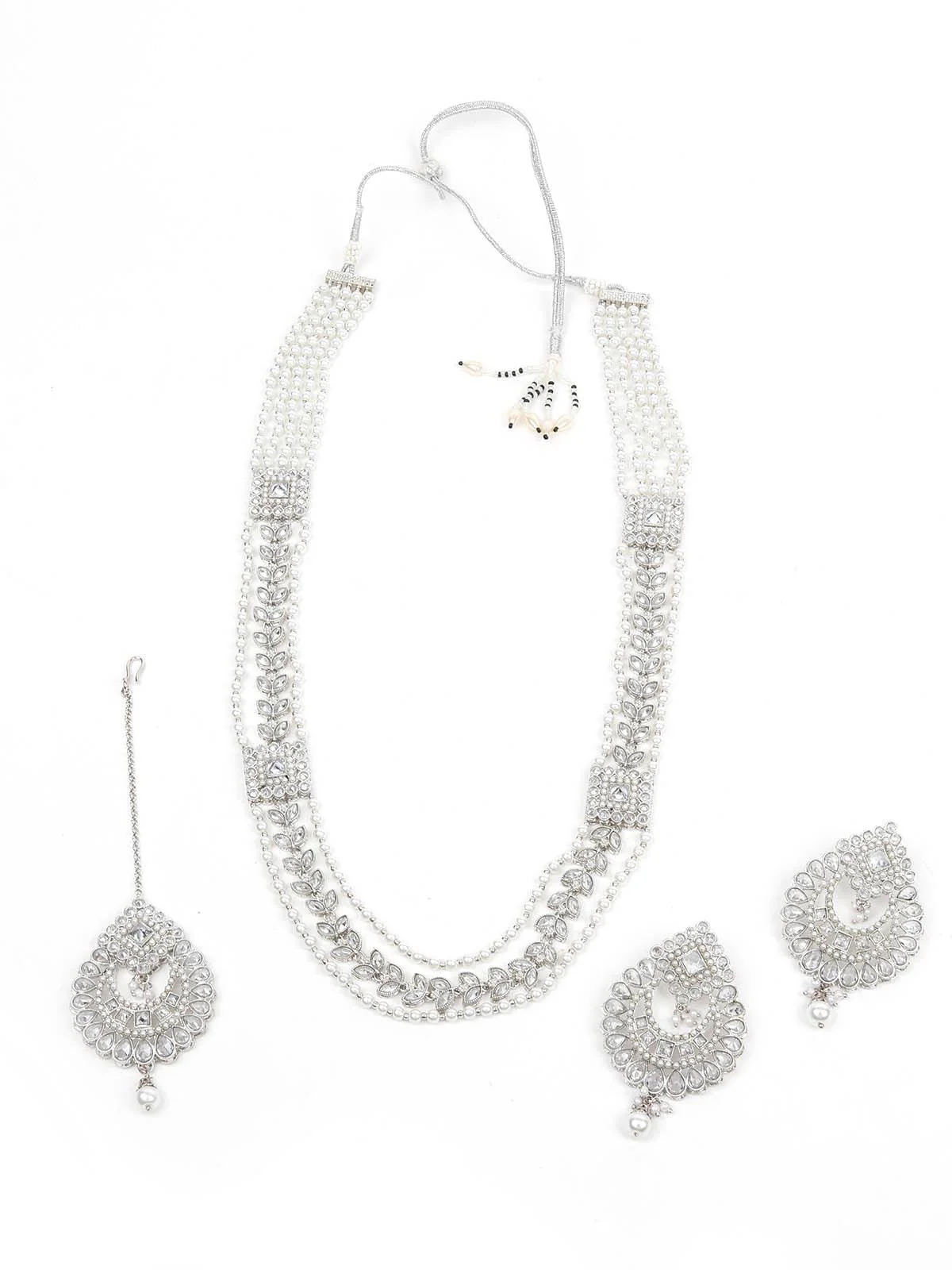 Odette Women White Long Necklace With Maangtikka Set - Image 3