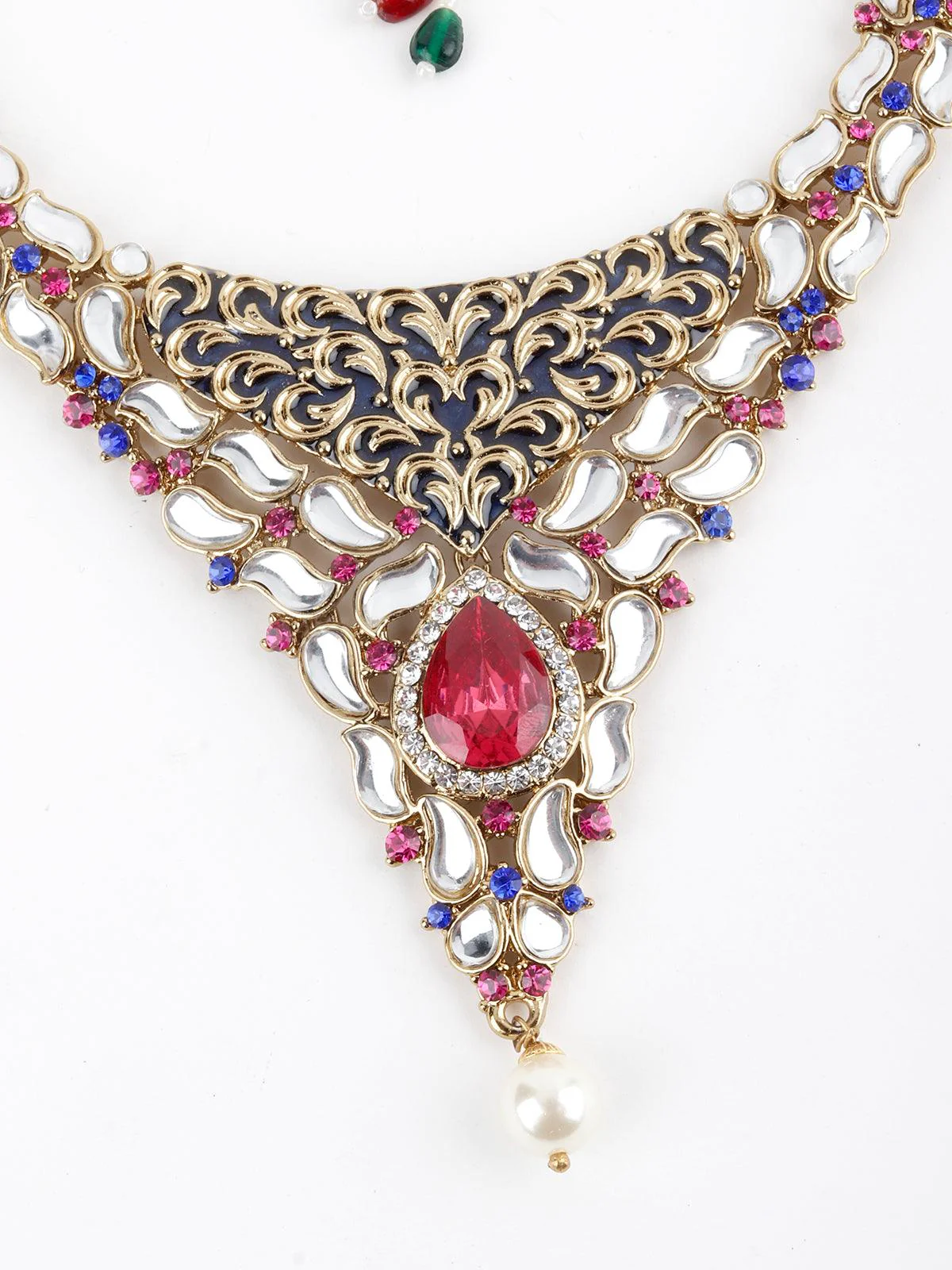Odette Women White, Magenta And Indigo Kundan Choker Set - Image 2