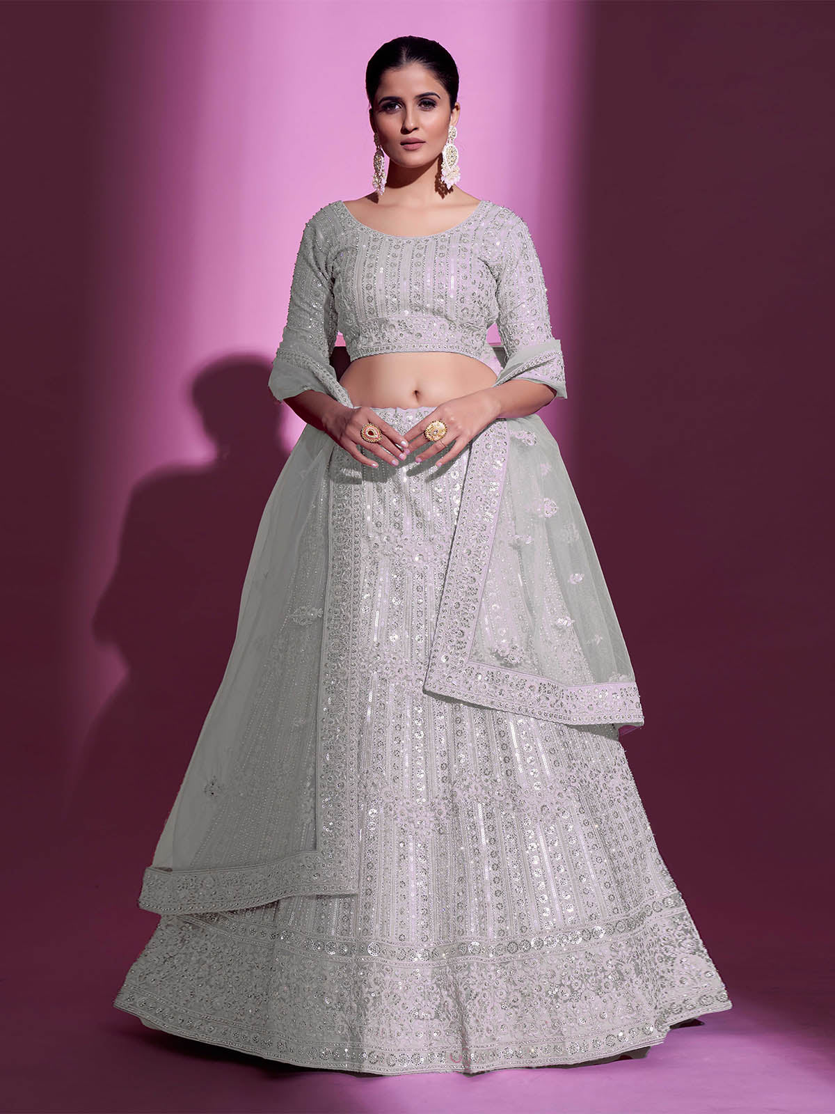 Odette Women White Net Embroidered Semi Stitched Lehenga With Unstitched Blouse