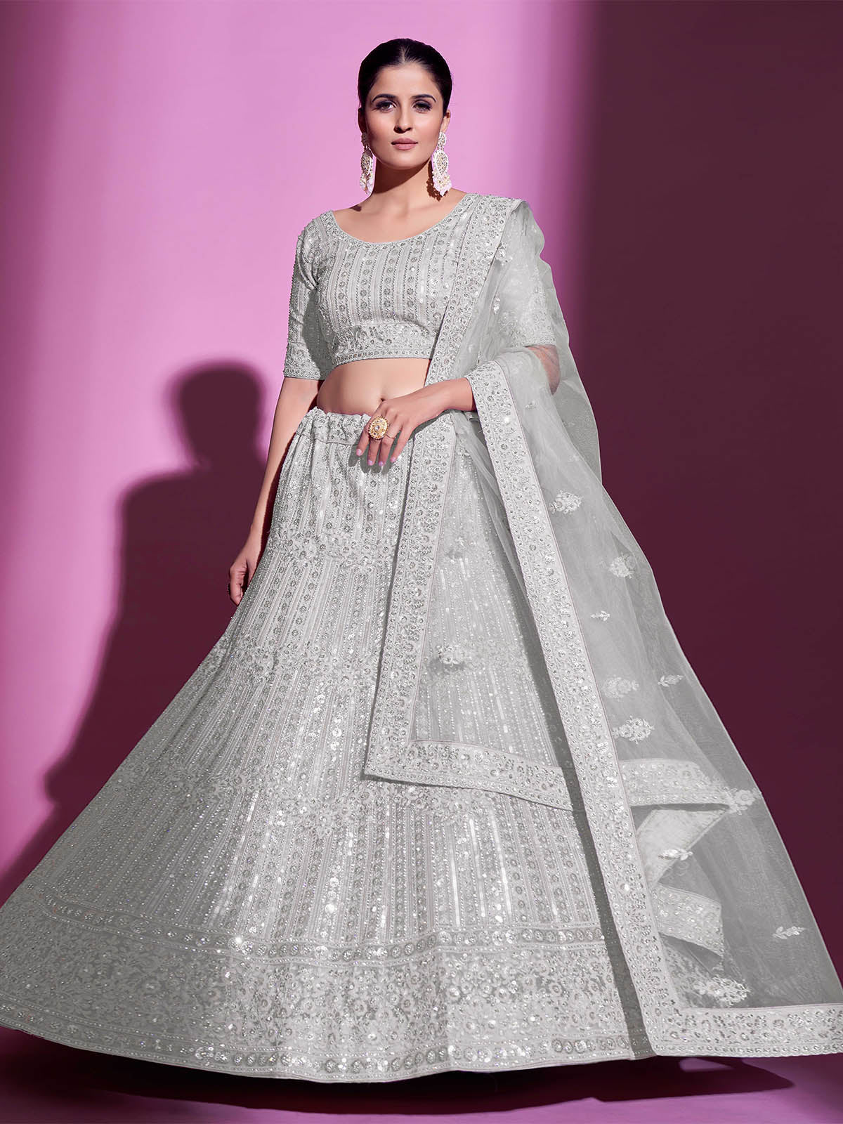 Odette Women White Net Embroidered Semi Stitched Lehenga With Unstitched Blouse - Image 2