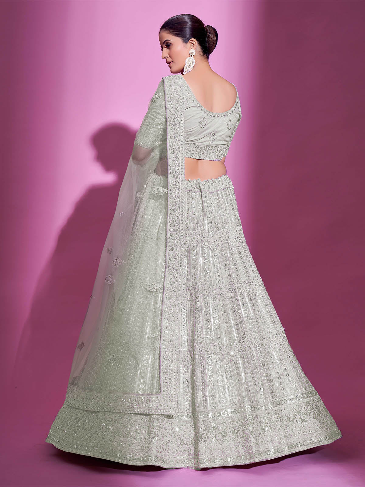 Odette Women White Net Embroidered Semi Stitched Lehenga With Unstitched Blouse - Image 6