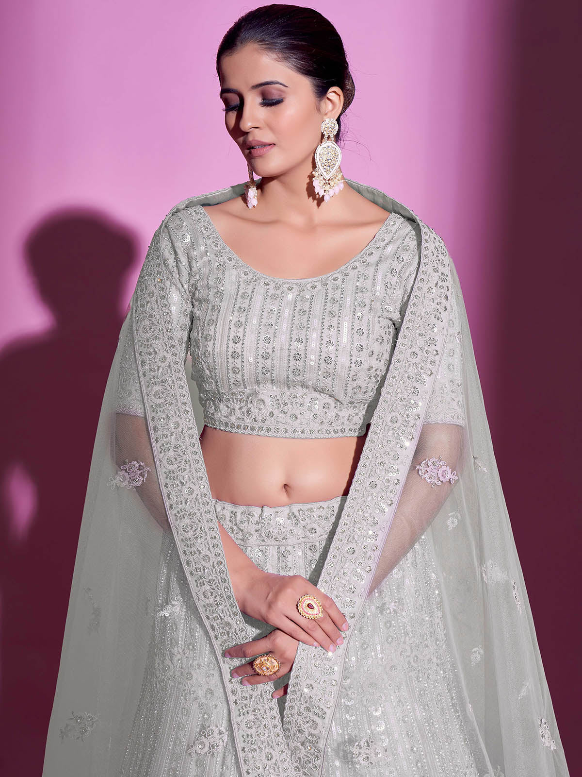 Odette Women White Net Embroidered Semi Stitched Lehenga With Unstitched Blouse - Image 7
