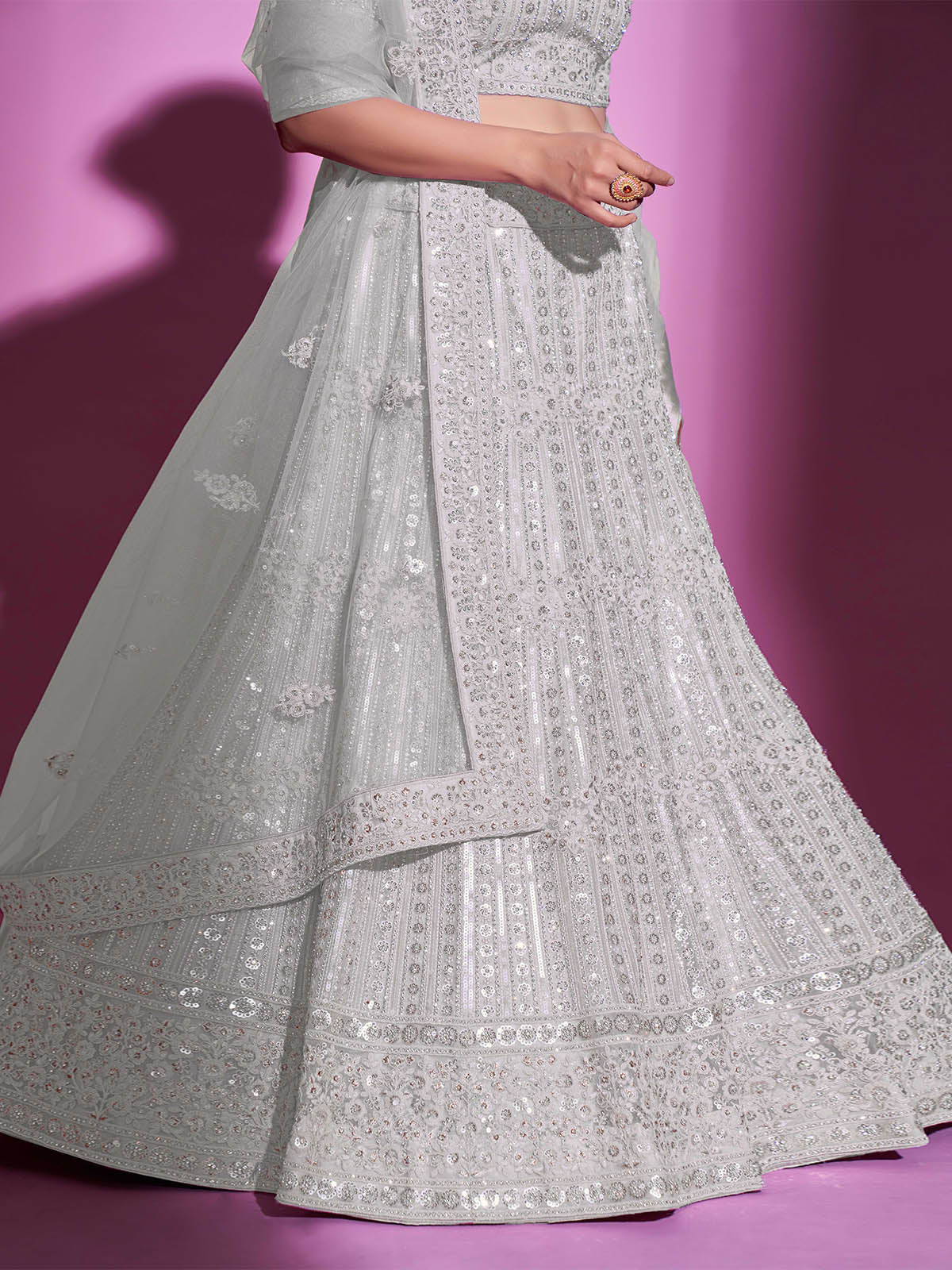 Odette Women White Net Embroidered Semi Stitched Lehenga With Unstitched Blouse - Image 9