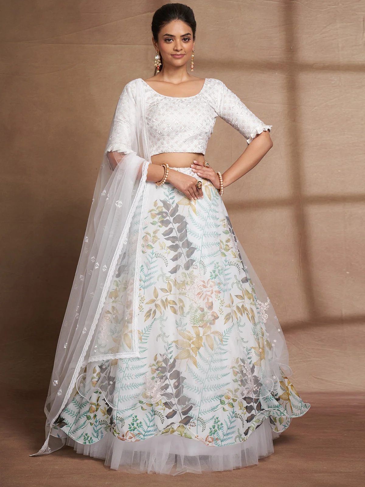 Odette Women White Net Printed Semi Stitched Lehenga Choli