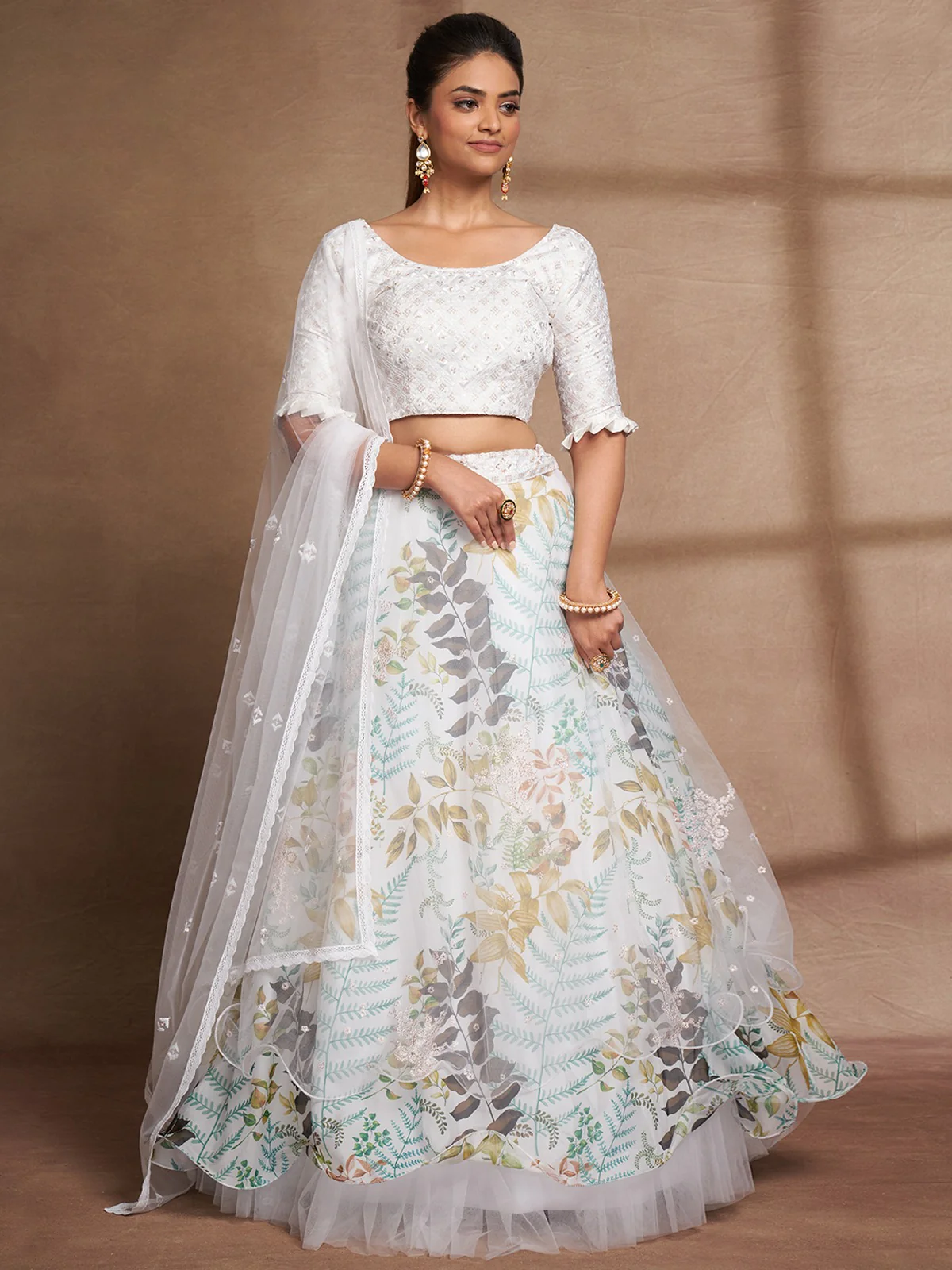 Odette Women White Net Printed Semi Stitched Lehenga Choli - Image 2