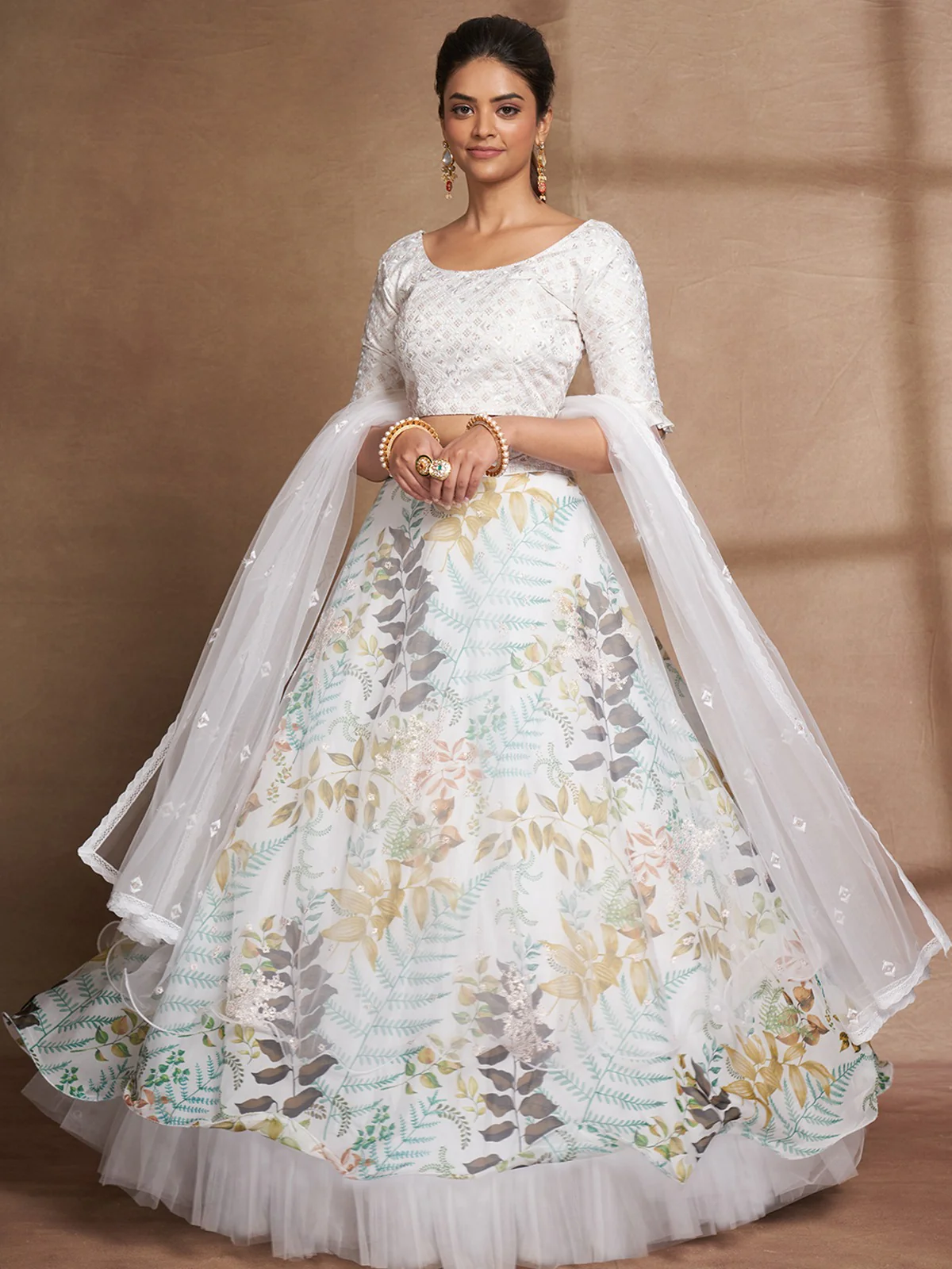 Odette Women White Net Printed Semi Stitched Lehenga Choli - Image 3