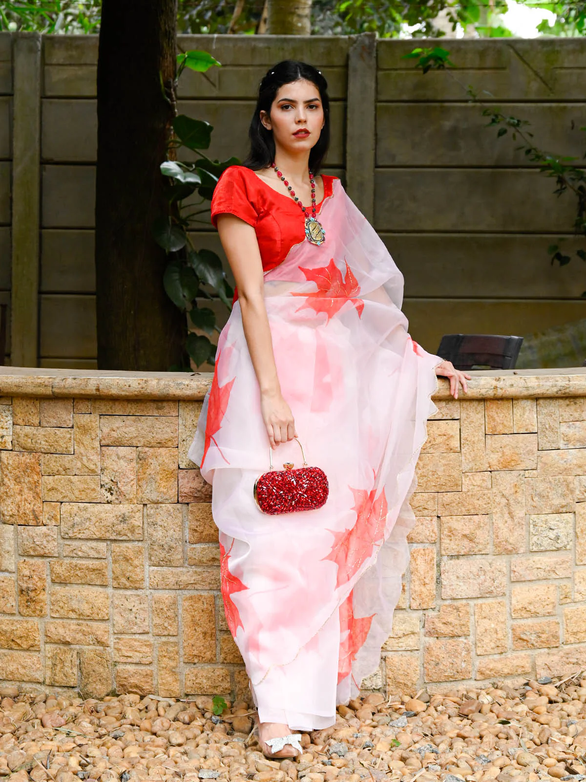 Odette Women White Organza Leaf Print Saree With Unstitched Blouse