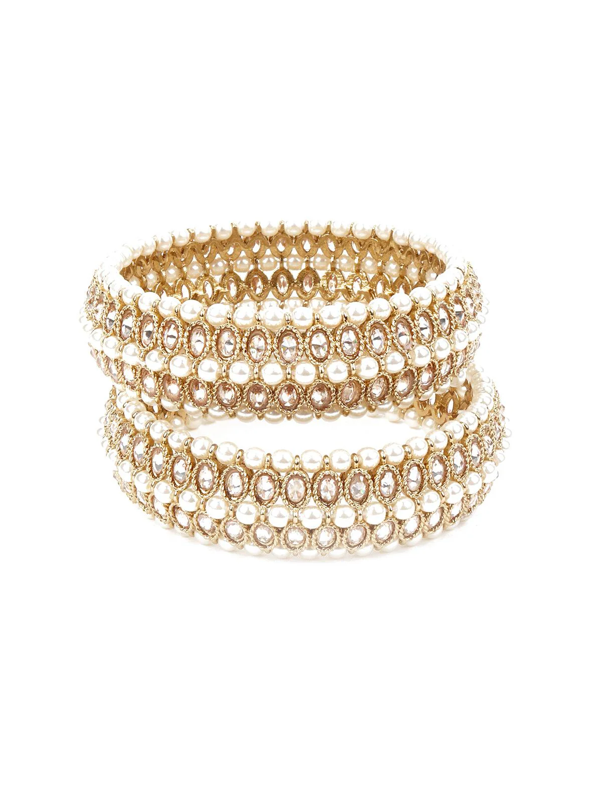 Odette Women White Pearl 3 Strand Rhinestone Bangle - Image 4