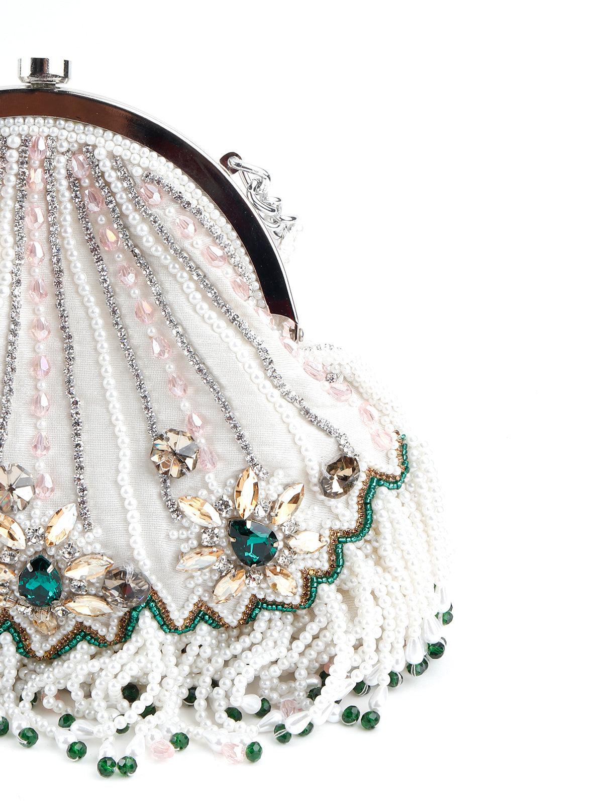 Odette Women White Pearl Beaded Rhinestone Batuwa - Image 4