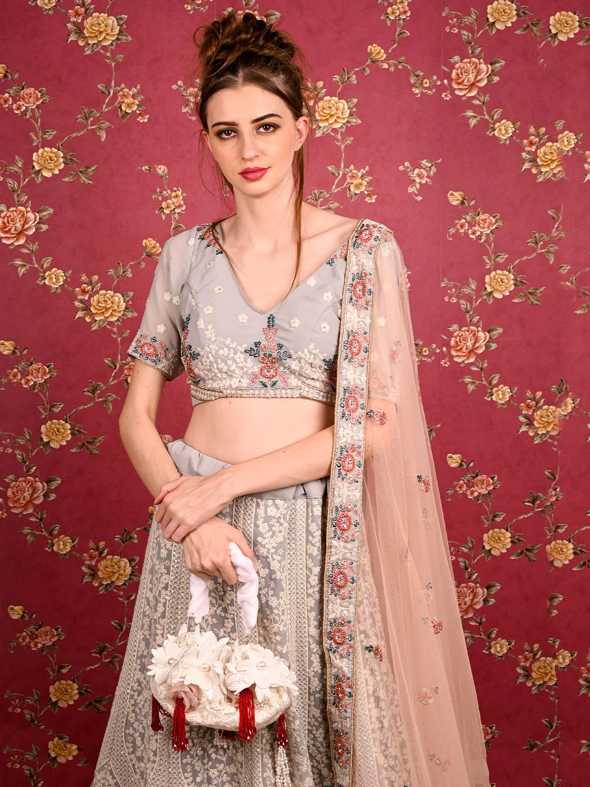 Odette Women White Pearl Embellished Bridal Potli Bag - Image 2