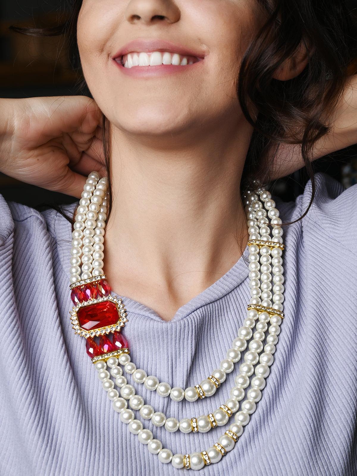 Odette Women White Pearl Multi String Brooch Necklace