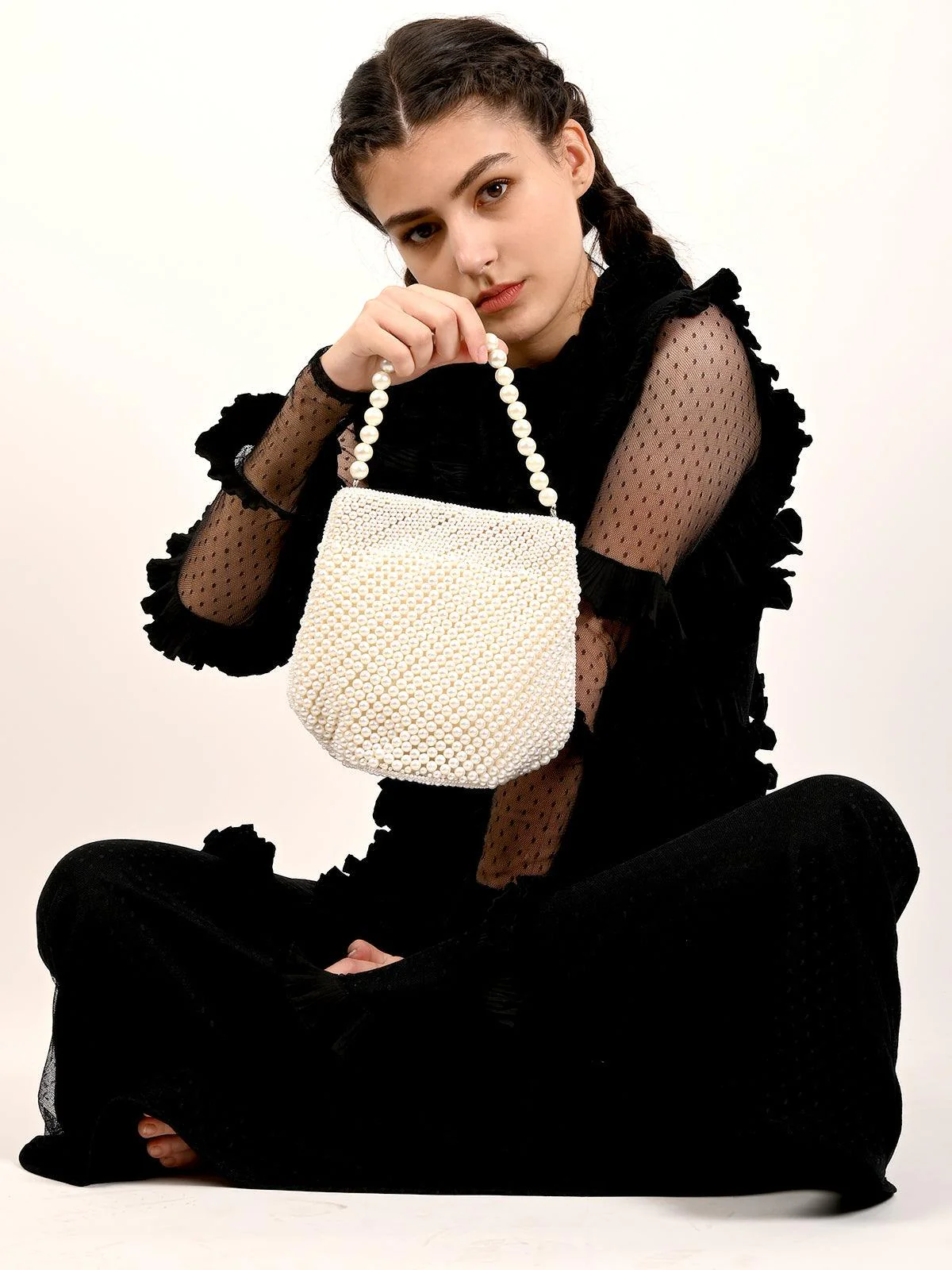 Odette Women White Pearls Embellished Batua - Image 2