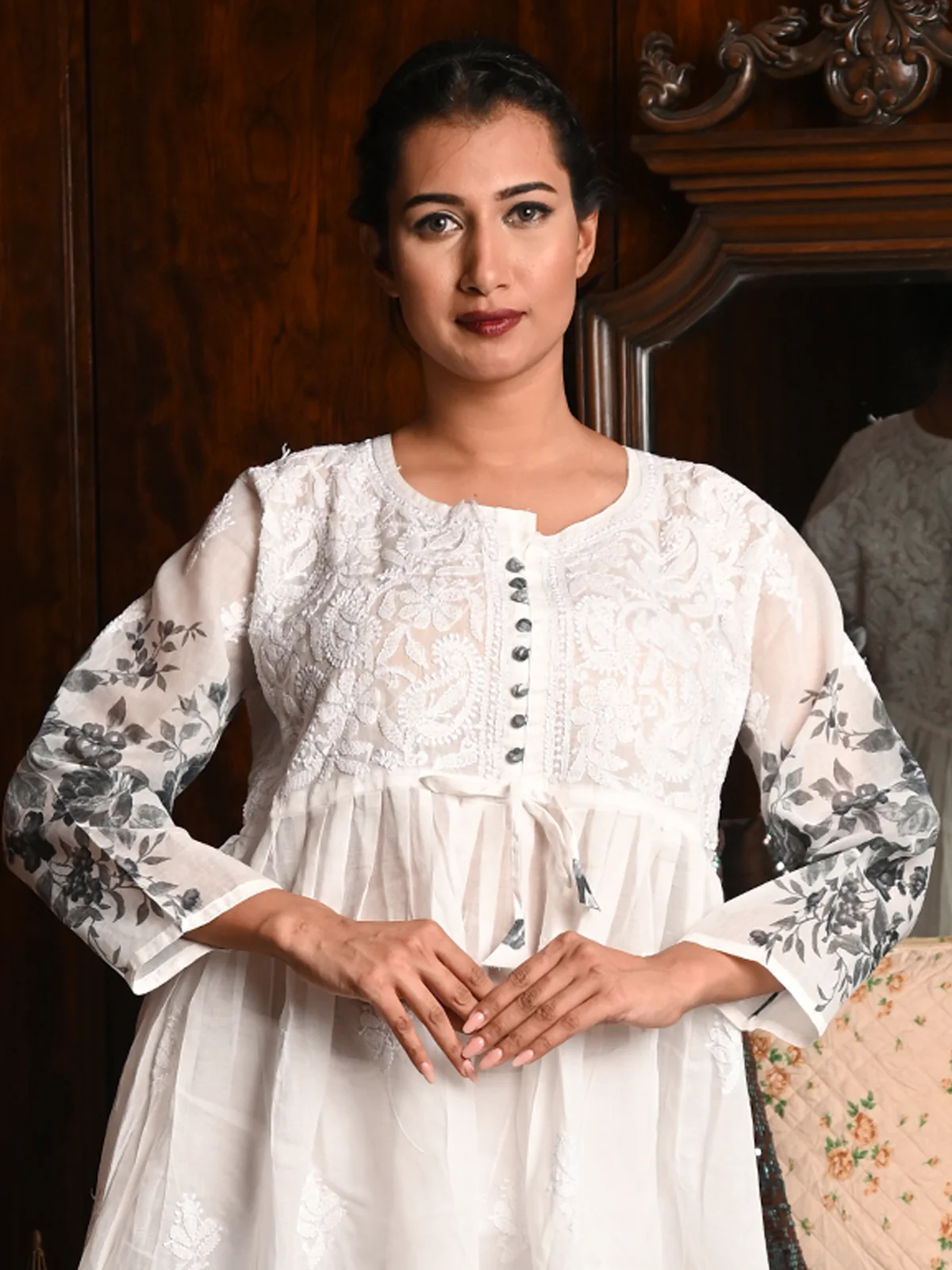 Odette Women White Printed Cotton Voile Chikankari Embroidered Stitched Long Kurta - Image 3