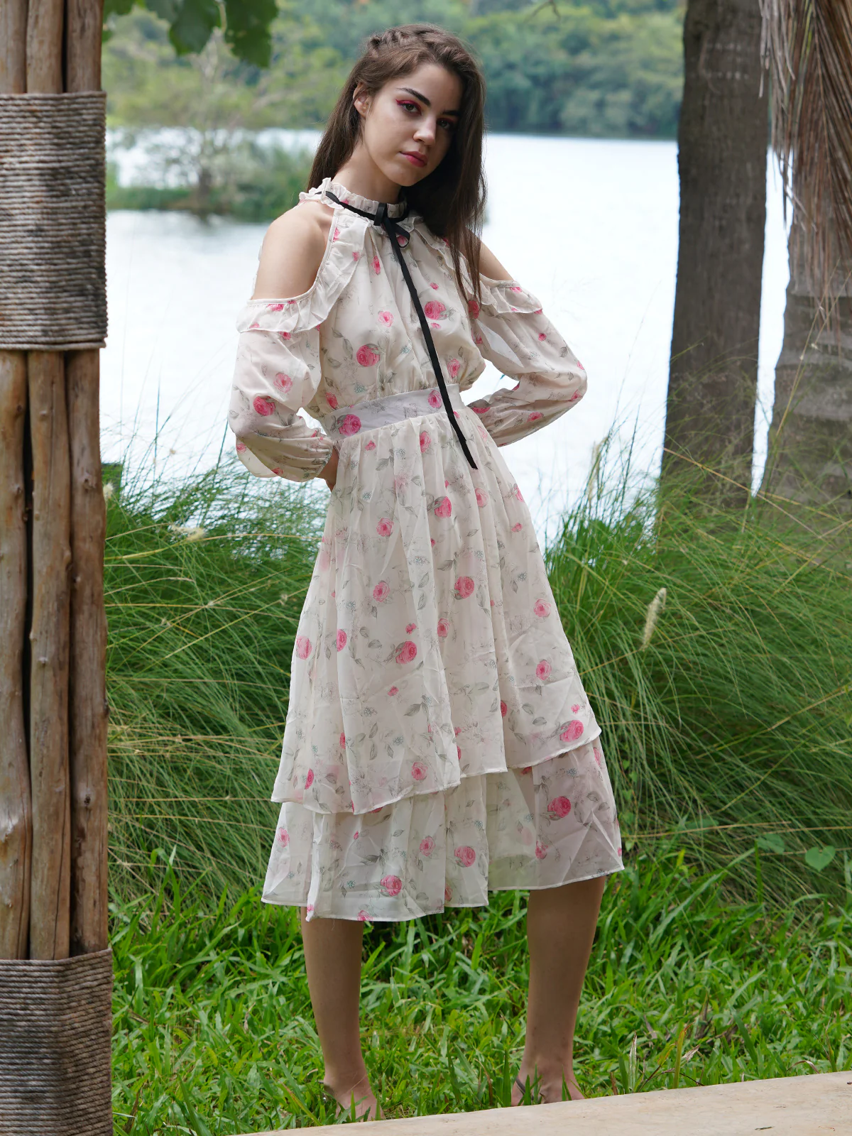 Odette Women White Printed Knee Length Poly Georgette Dress - Image 2