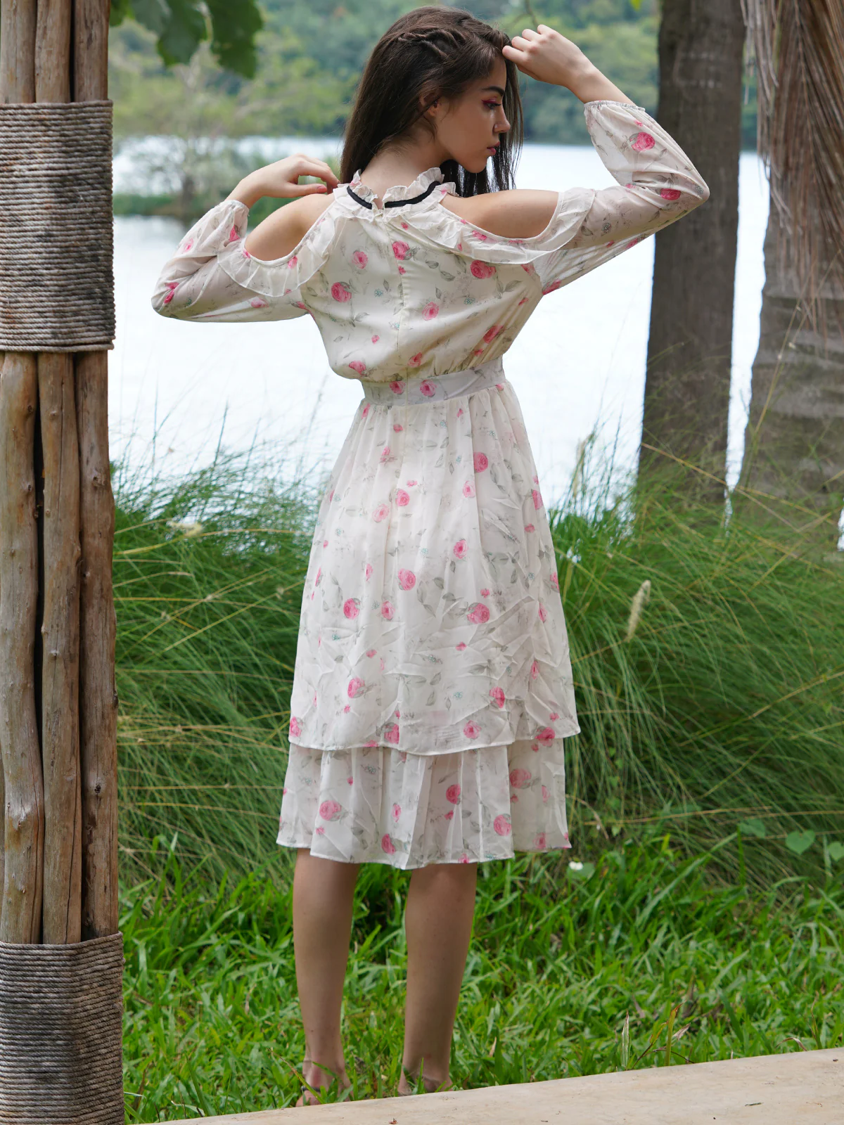 Odette Women White Printed Knee Length Poly Georgette Dress - Image 4