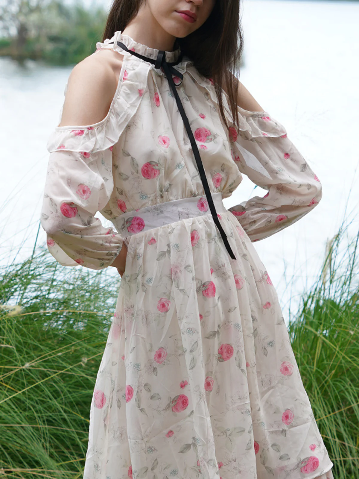 Odette Women White Printed Knee Length Poly Georgette Dress - Image 5