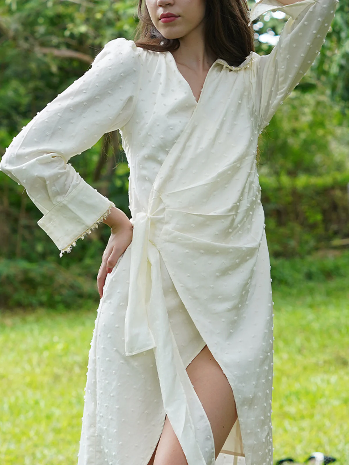 Odette Women White Satin With Dobby Long Time Stitched Dress - Image 5