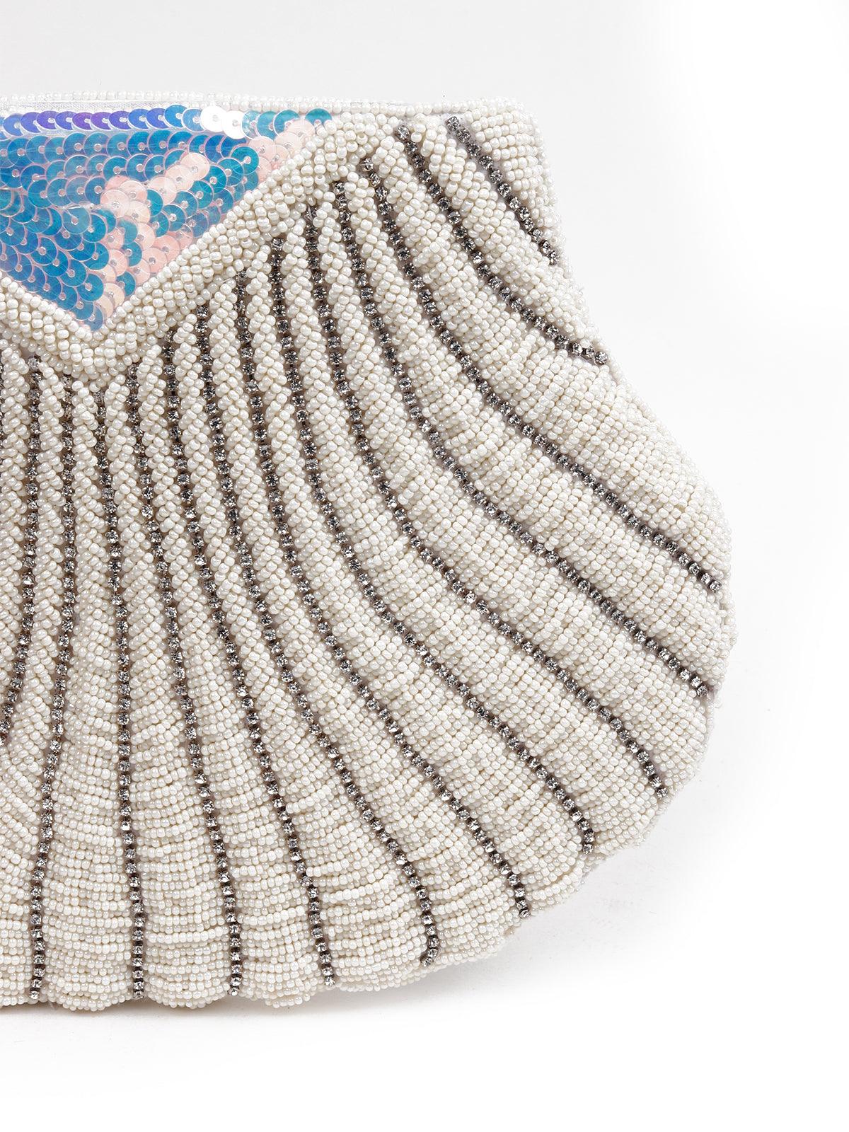 Odette Women White Sequin Embellished Clutch - Image 5