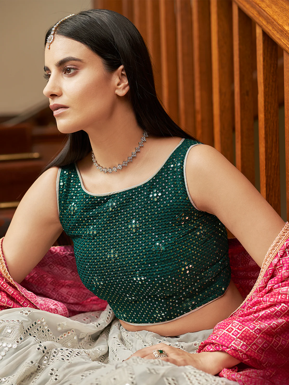 Odette Women White Georgette Semi Stitched Lehenga With Unstitched Blouse - Image 3