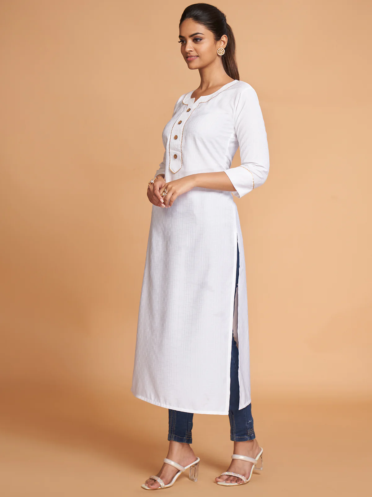 Odette Women White Silk Blend Straight Cut Stitched Kurta - Image 2