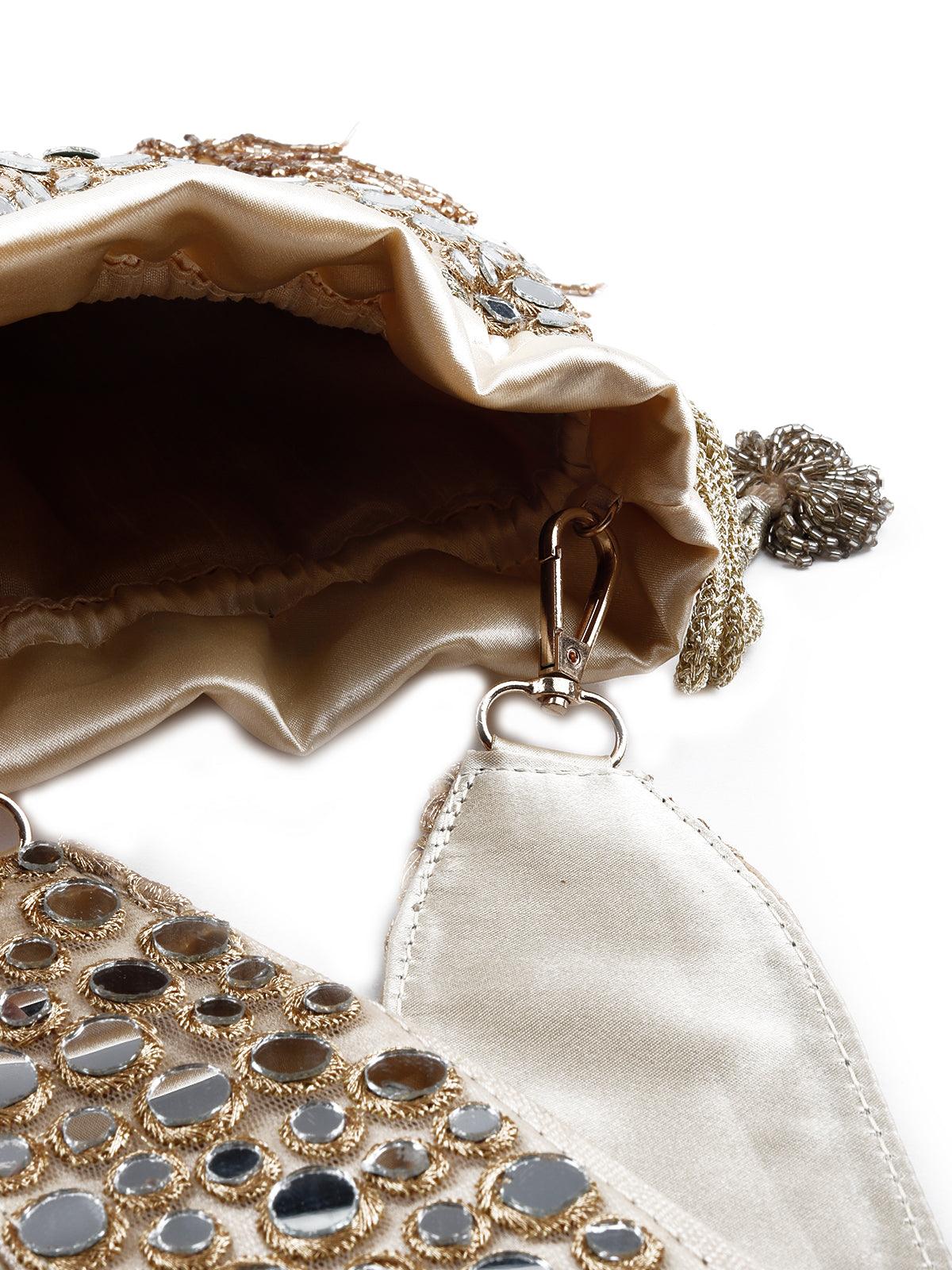Odette Women White Stunning Tassel Beaded Potli Bag - Image 6
