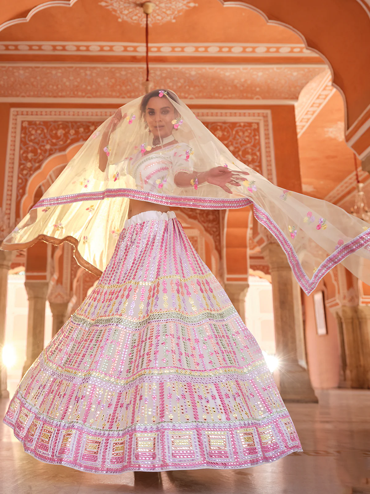 Odette Women White Embroidered Organza Semi Stitched Lehenga With Unstitched Blouse - Image 2